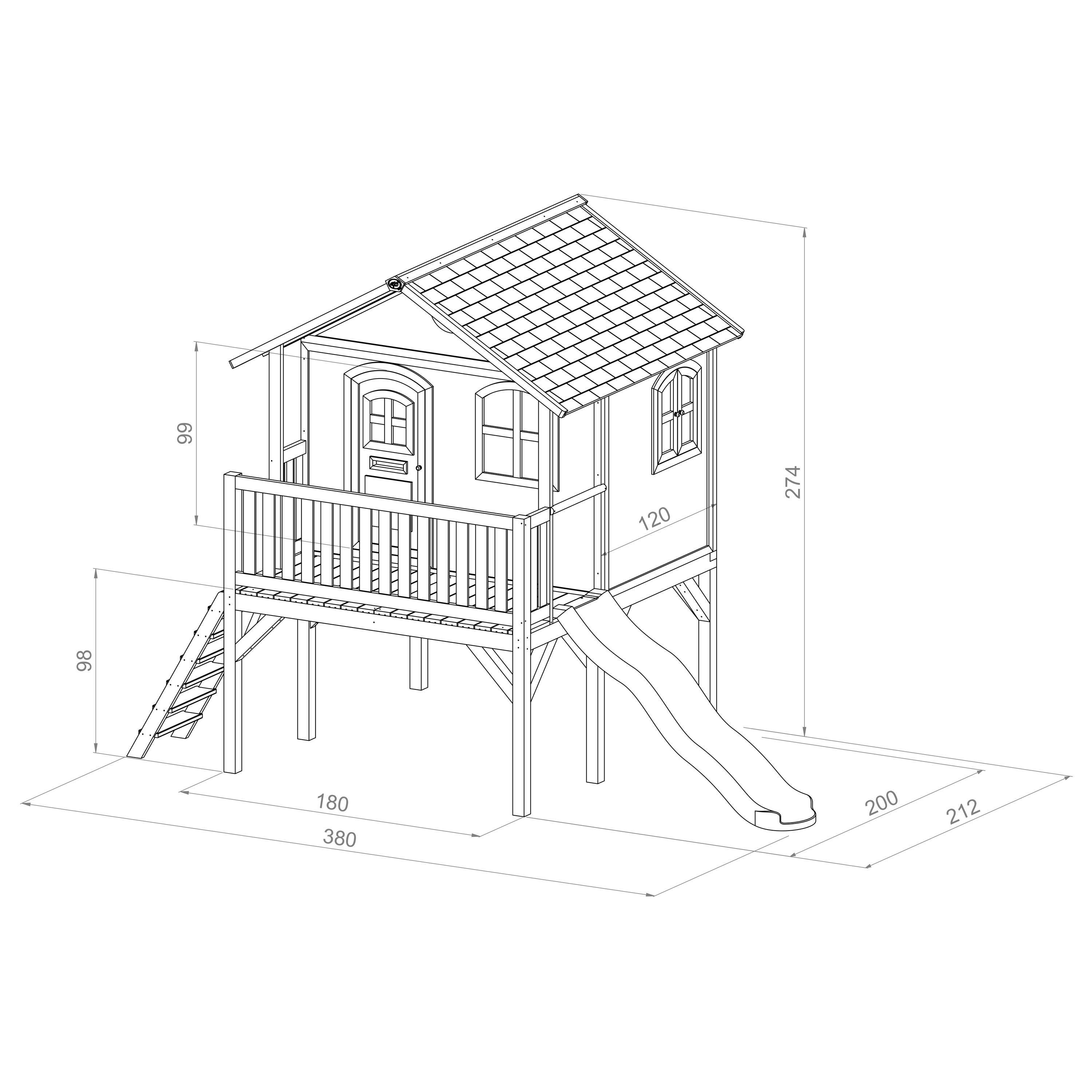 Strichzeichnung eines Spielhauses mit Rutsche, Treppe und Maßen. Das Dach hat Schindeln.