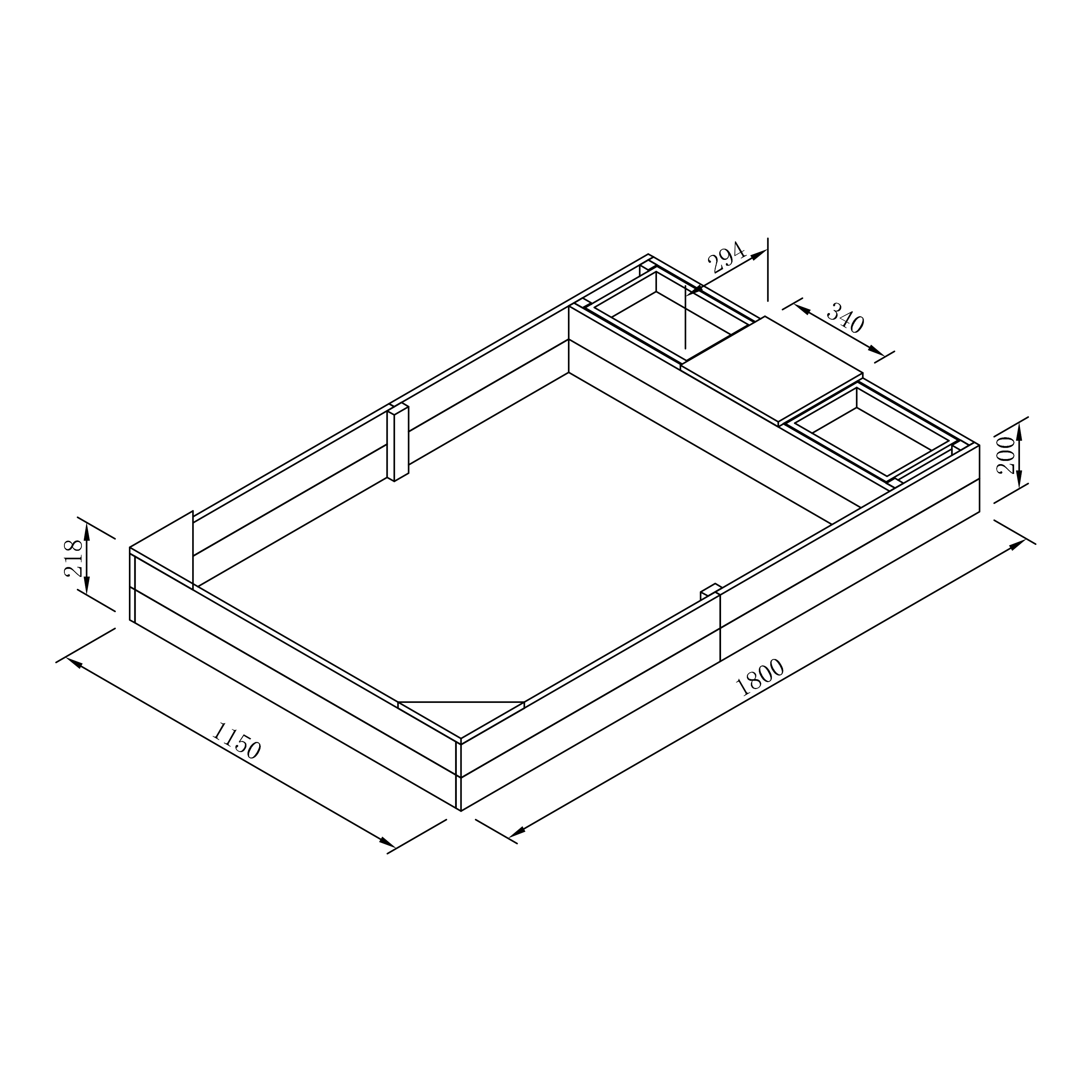 Isometrische Ansicht eines Holzrahmens mit Abmessungen. Enthält zwei kleine quadratische Kästen oben und einen rechteckigen Körper.
