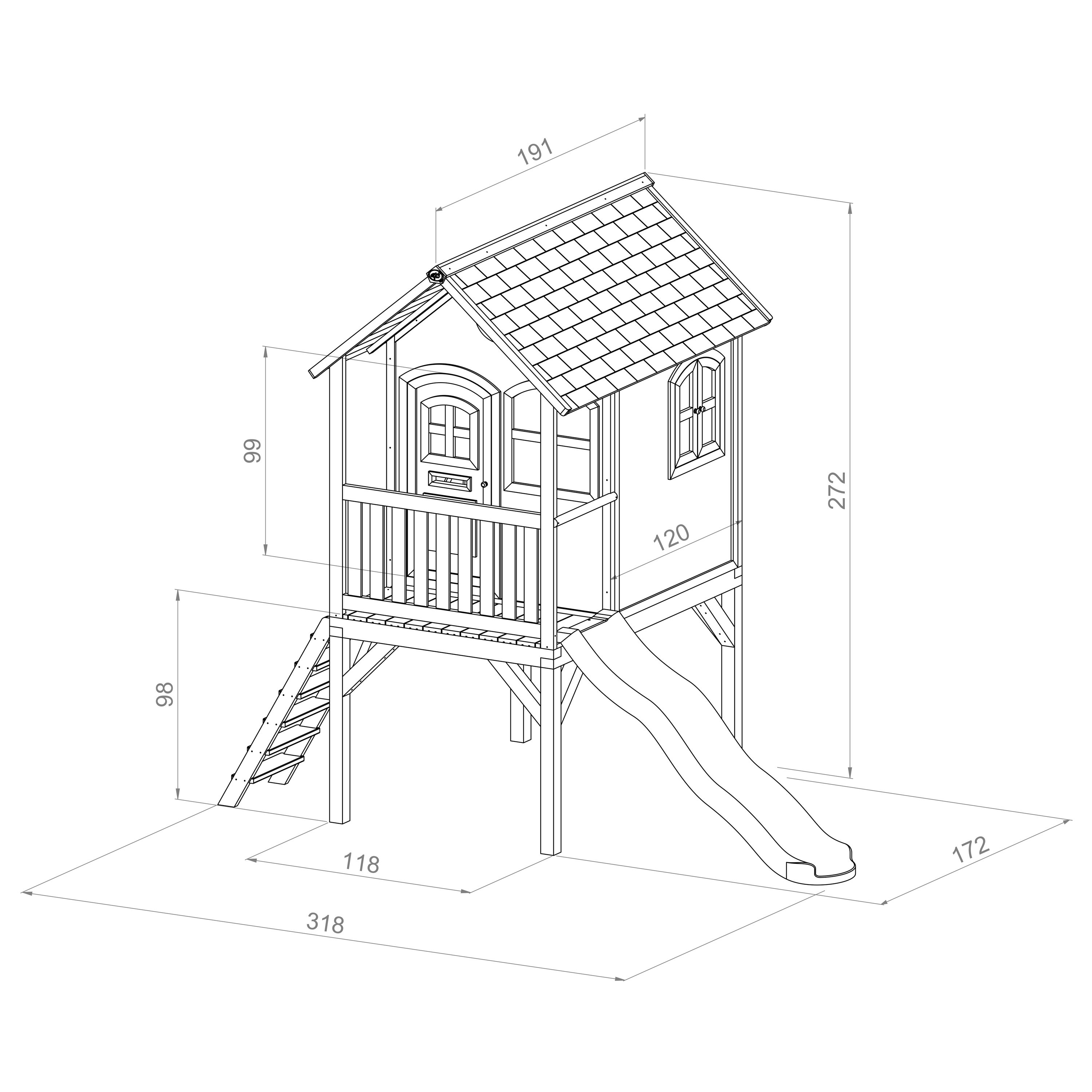 Eine Strichzeichnung eines Holzspielhauses mit Rutsche, Treppe und Maßen.