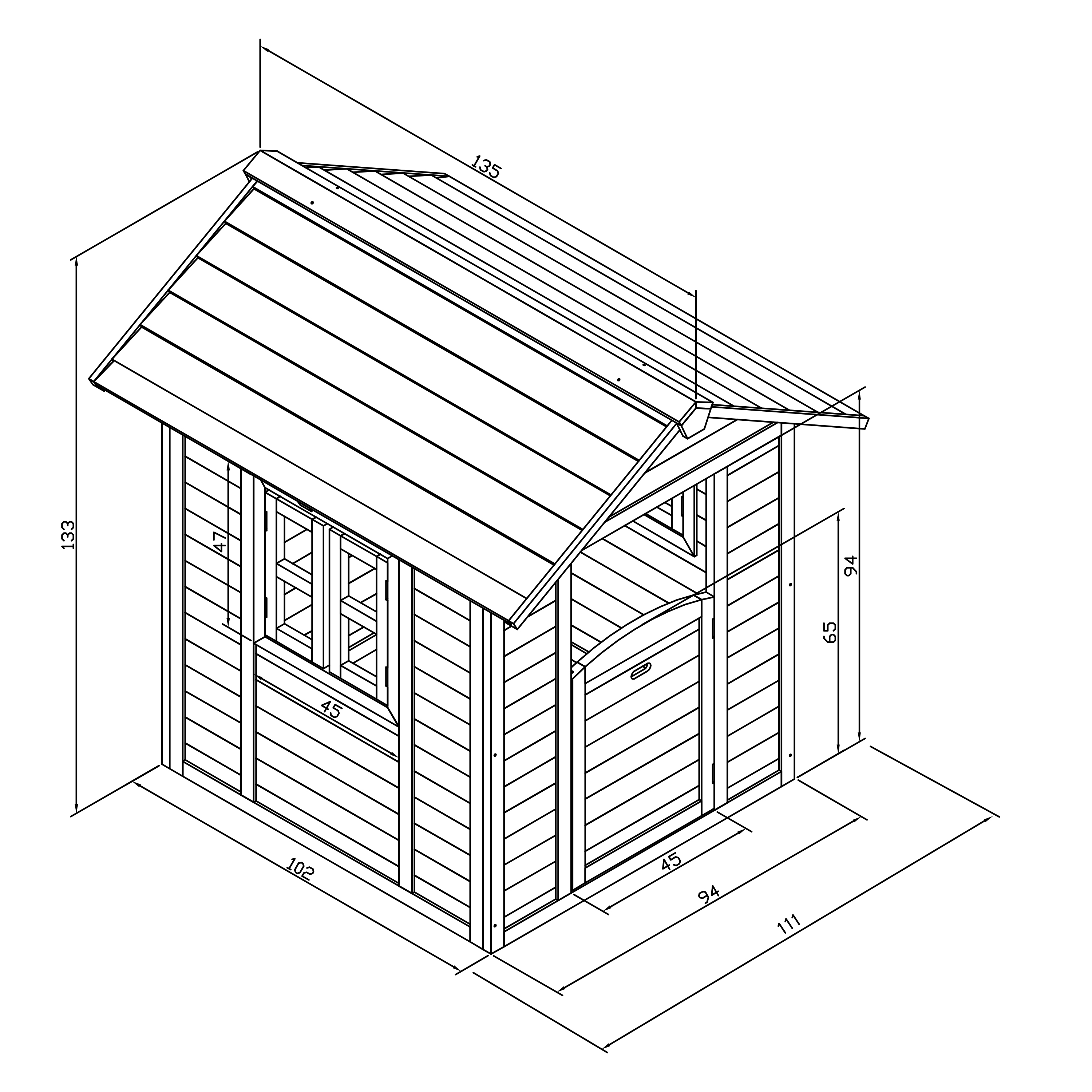 Eine Strichzeichnung eines Holzspielhauses mit Maßangaben. Es hat ein schräges Dach, eine Tür und ein Fenster.