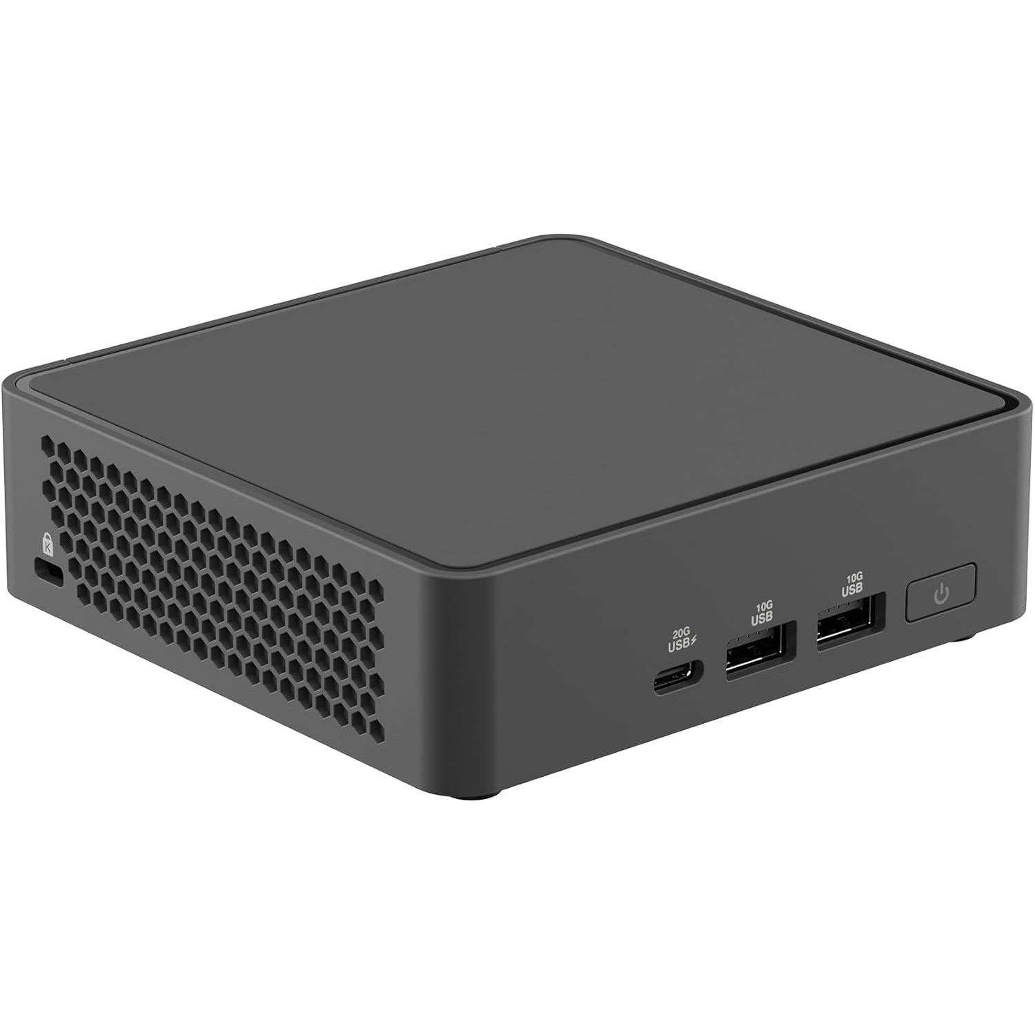 Ciemnoszary mini PC z przyciskiem zasilania, portami USB i wentylacją o strukturze plastra miodu. Góra jest płaska.
