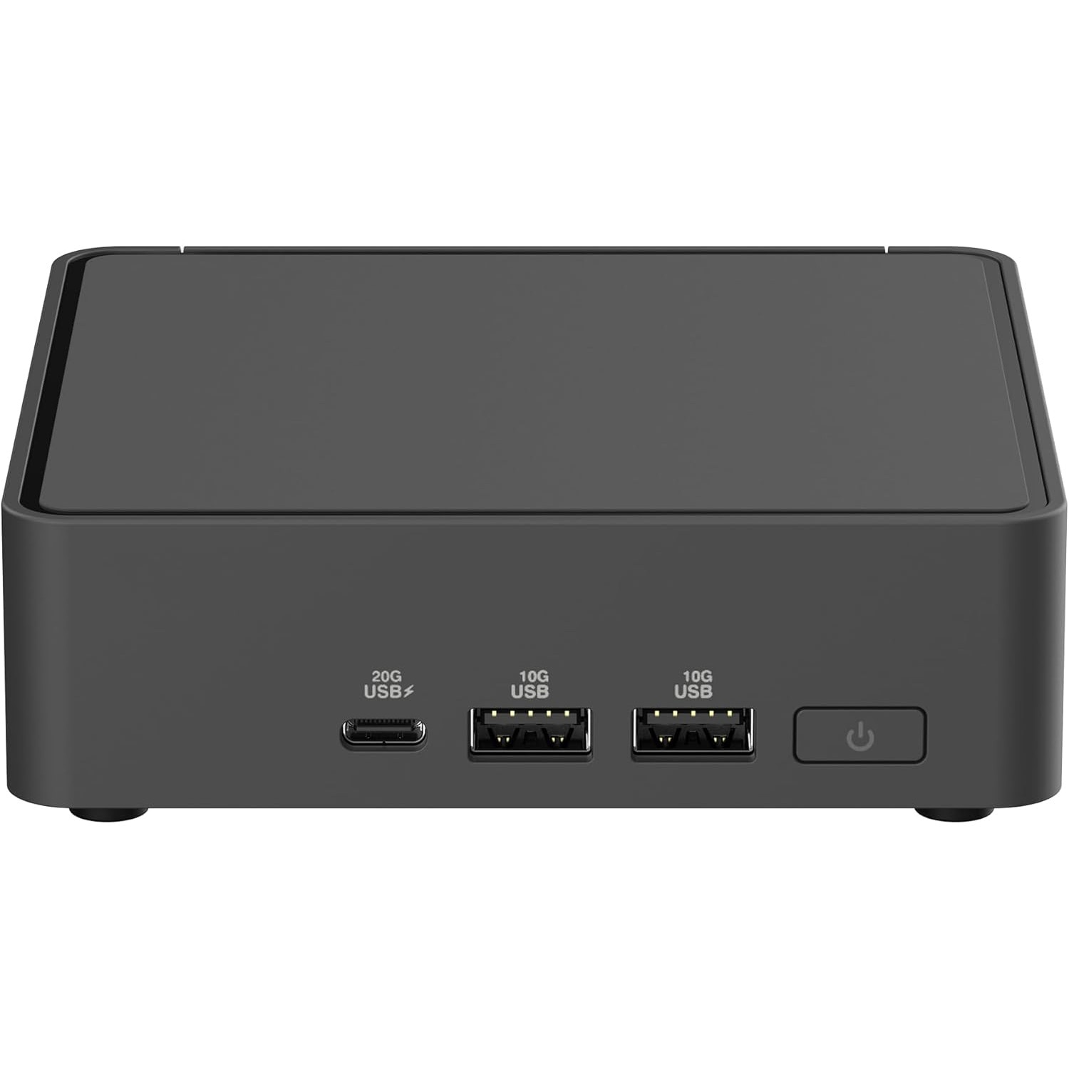 Ciemnoszare prostokątne urządzenie z portami USB i przyciskiem zasilania. Urządzenie znajduje się na białym tle.