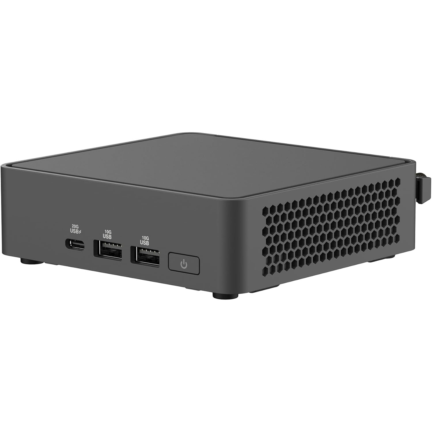 Ciemnoszary mini PC z portami USB, przyciskiem zasilania i wentylacją w kształcie plastra miodu. Na białym tle.