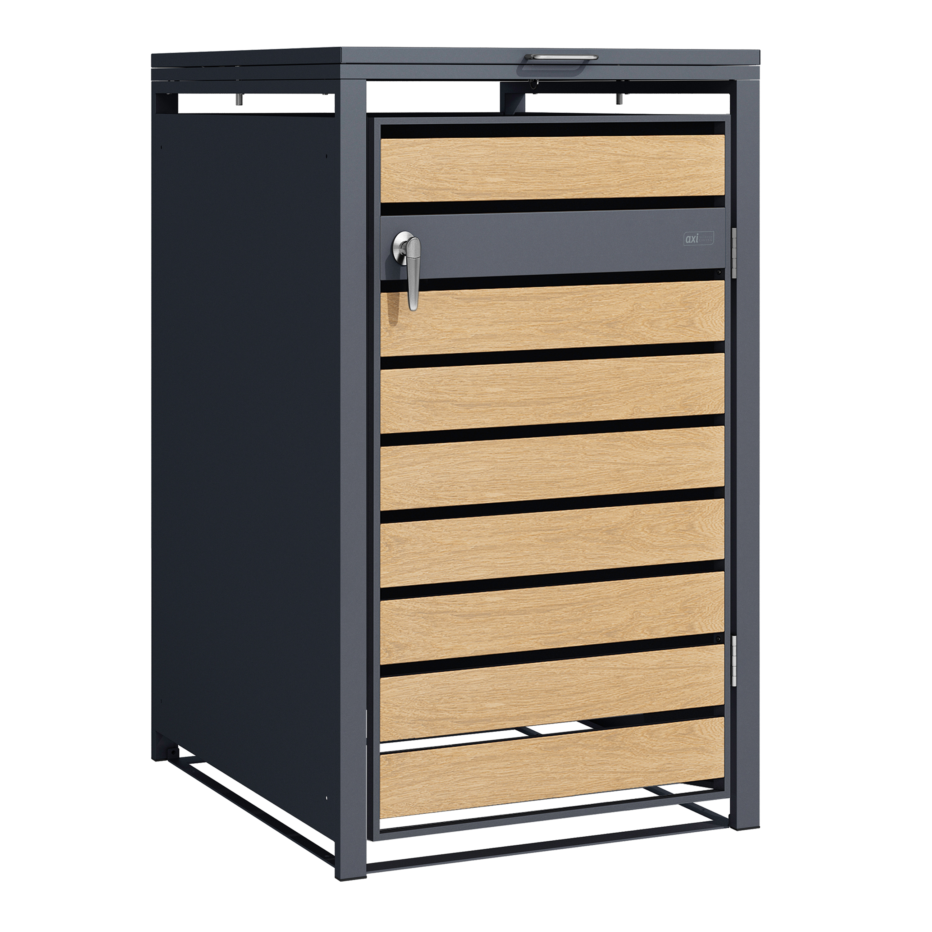 Ein dunkelgrauer Metallschrank mit Holztür. Die Tür hat horizontale Holzpaneele.