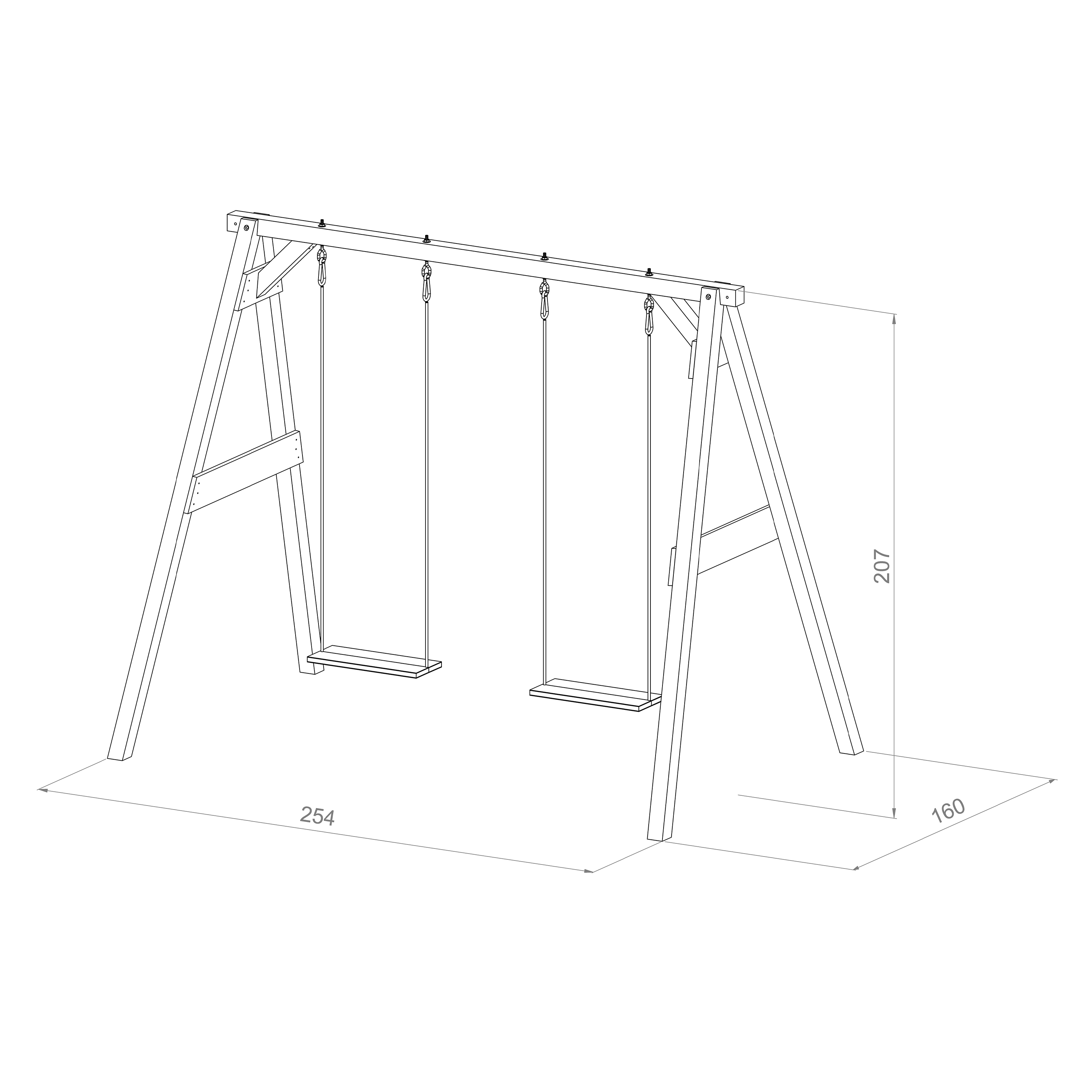 Strichzeichnung eines Holzschaukelsets mit zwei Schaukeln. Abmessungen sind auf der Zeichnung angegeben.