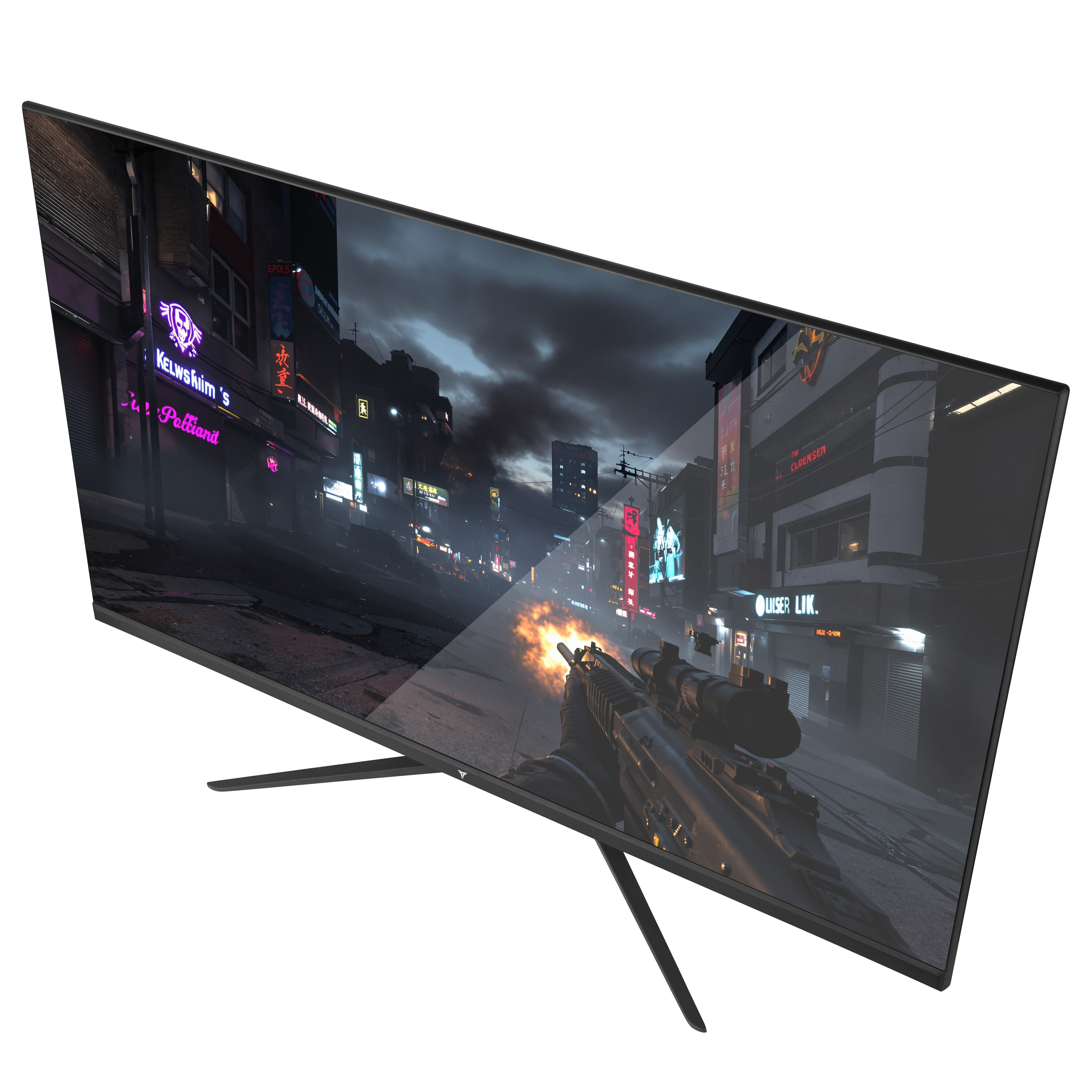 Un monitor de computadora muestra una escena de videojuego con edificios y un arma. El monitor es negro con un soporte.