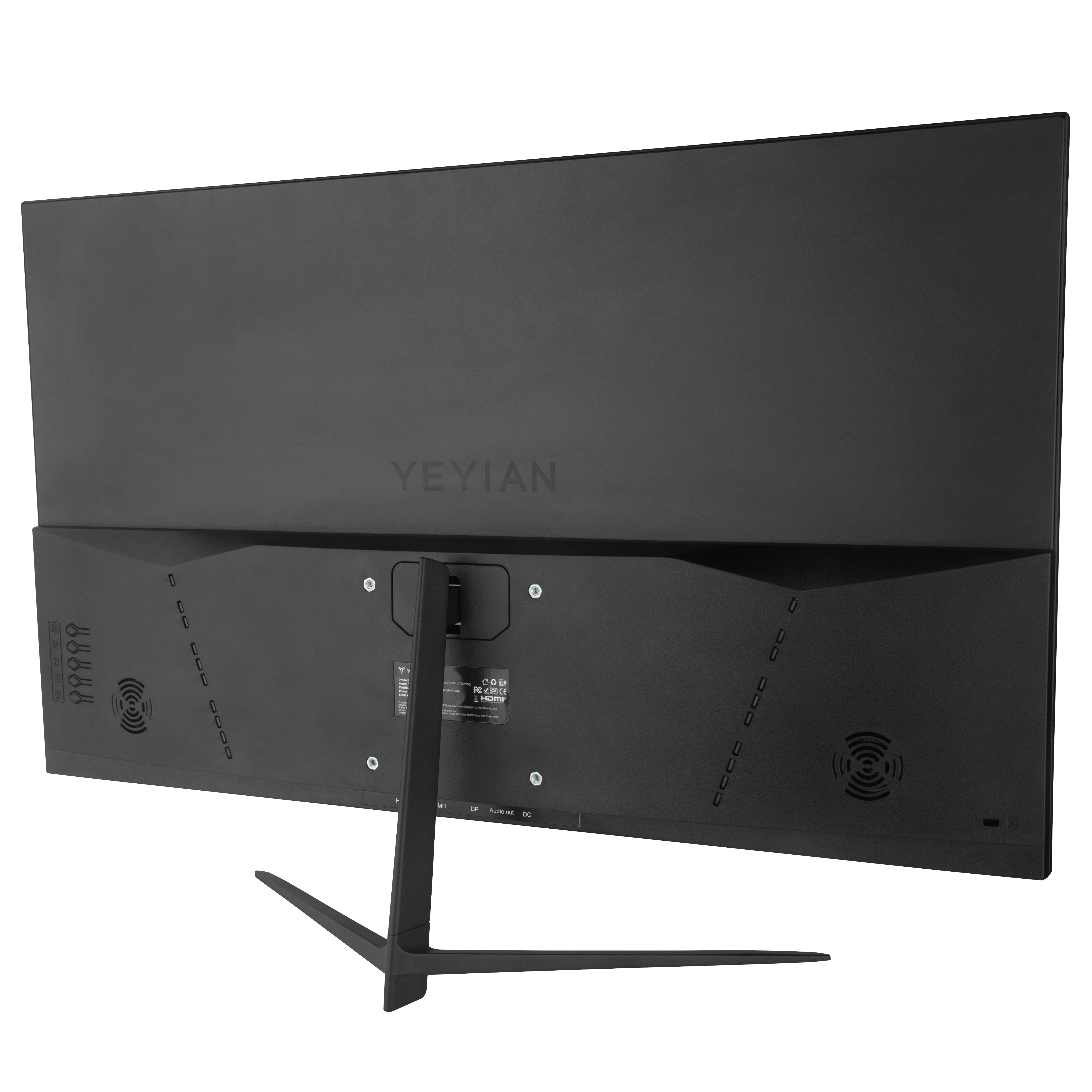 Vista trasera de un monitor negro YEYIAN. Tiene un soporte y varios puertos. La marca es visible.