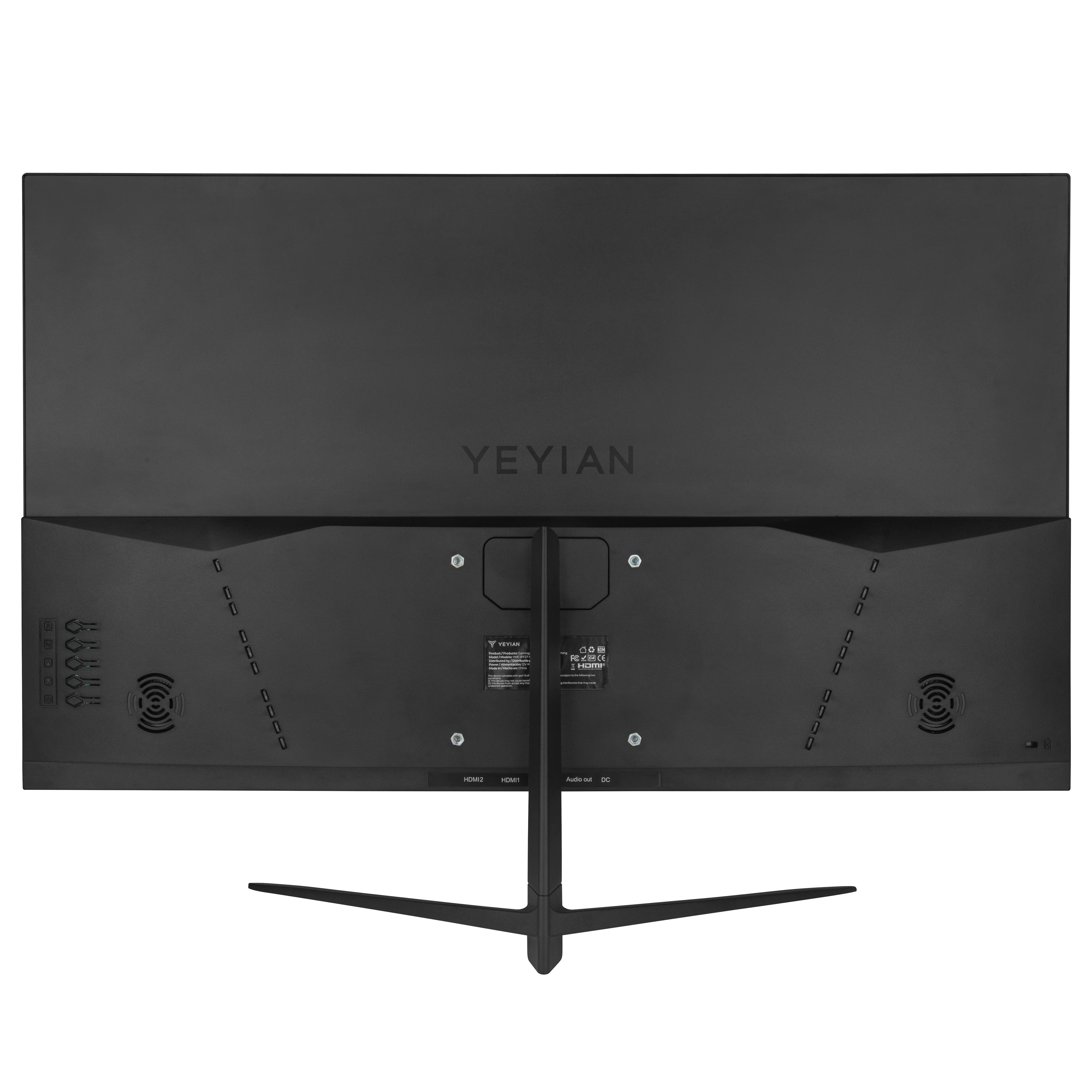 Vista trasera de un monitor negro YEYIAN. Tiene puertos, ventilación y un soporte. La marca es visible.