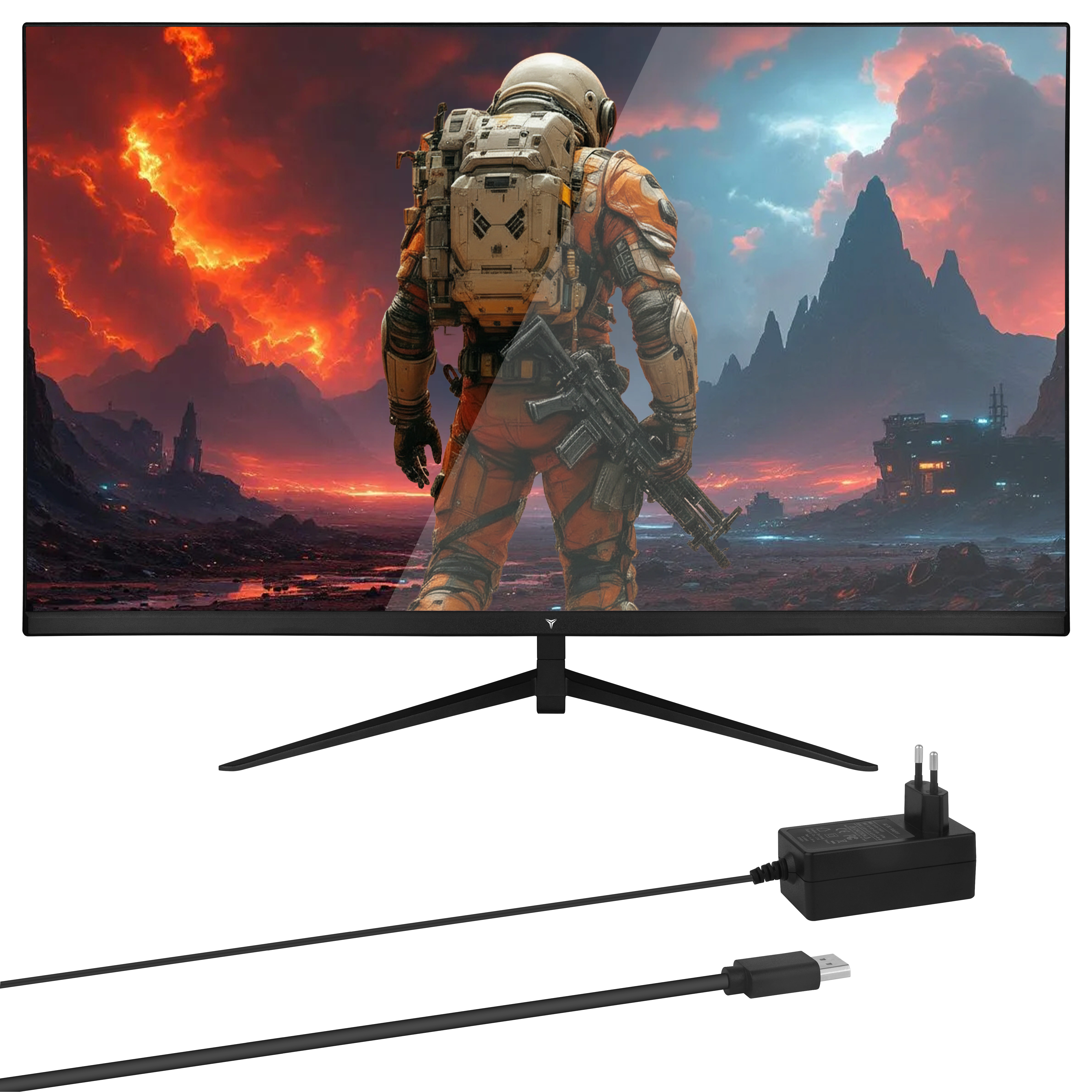 Un monitor de computadora muestra un astronauta con un arma en un paisaje de fuego, además de un cable de alimentación y un adaptador.