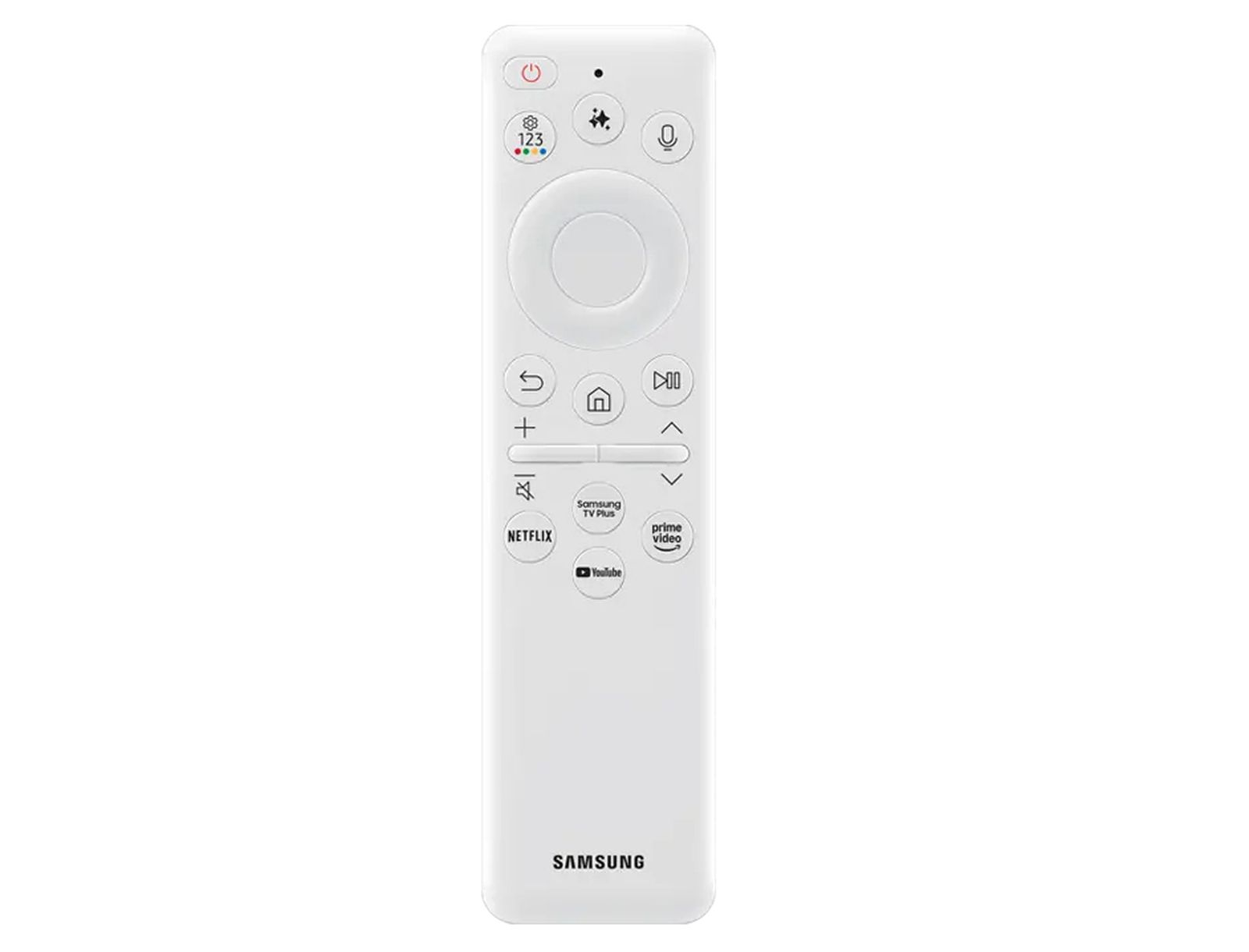 Biały pilot do telewizora Samsung. Posiada różne przyciski do włączania/wyłączania, głośności, kanału, Netflix, YouTube i Samsung TV Plus.