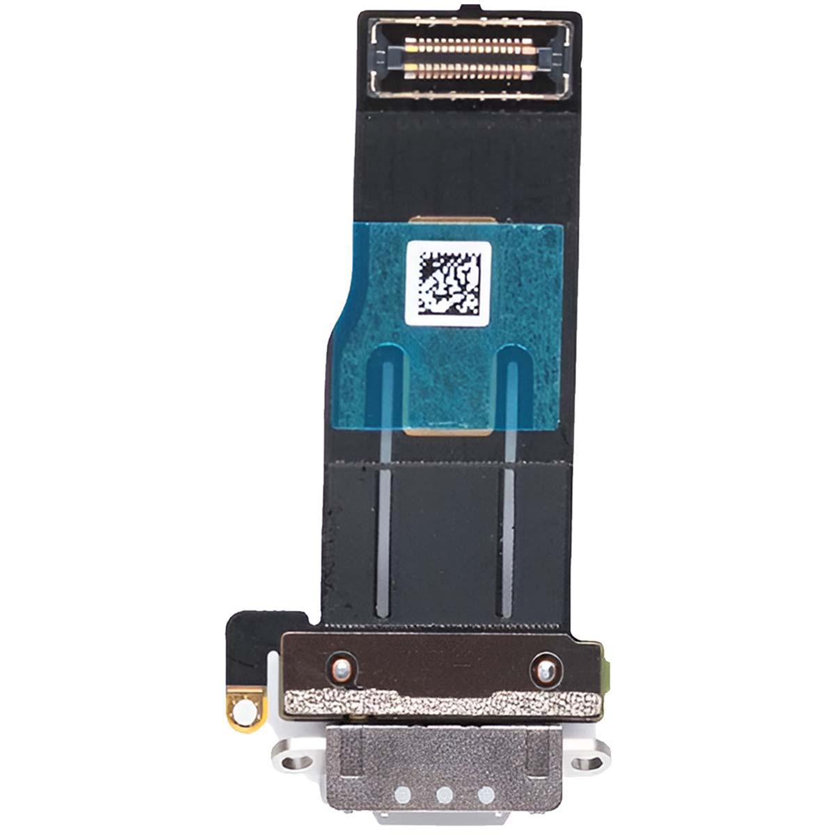 Nahaufnahme einer schwarzen und grauen elektronischen Komponente mit einem Stecker, einem blauen Quadrat mit QR-Code und einem silbernen Anschluss.