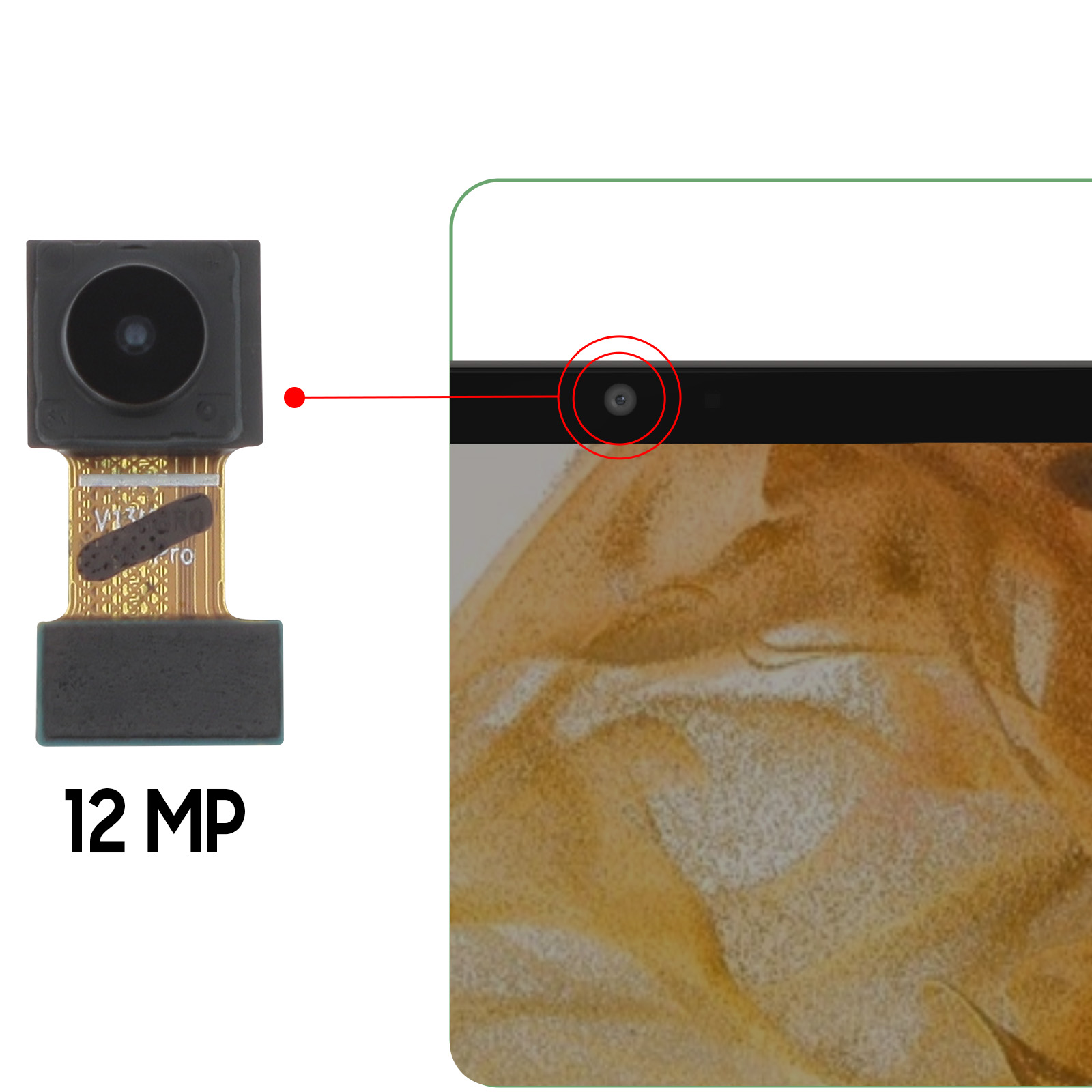 Ein Telefonkameramodul und ein Tablet-Bildschirm mit einem roten Kreis um die Frontkamera.