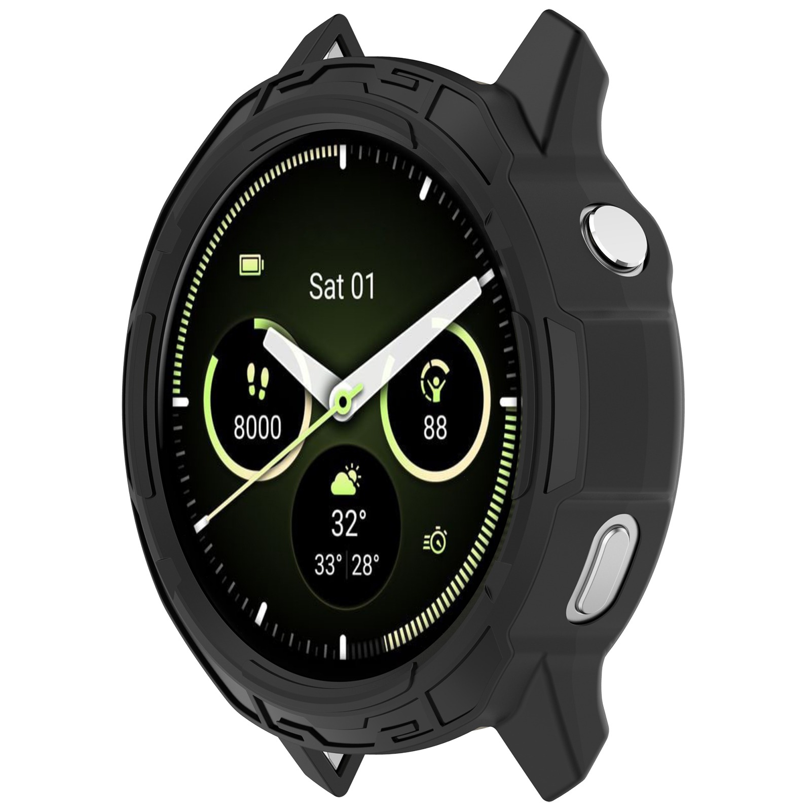 Smartwatch nero con custodia protettiva. Il display mostra data, passi, frequenza cardiaca e dettagli meteo.