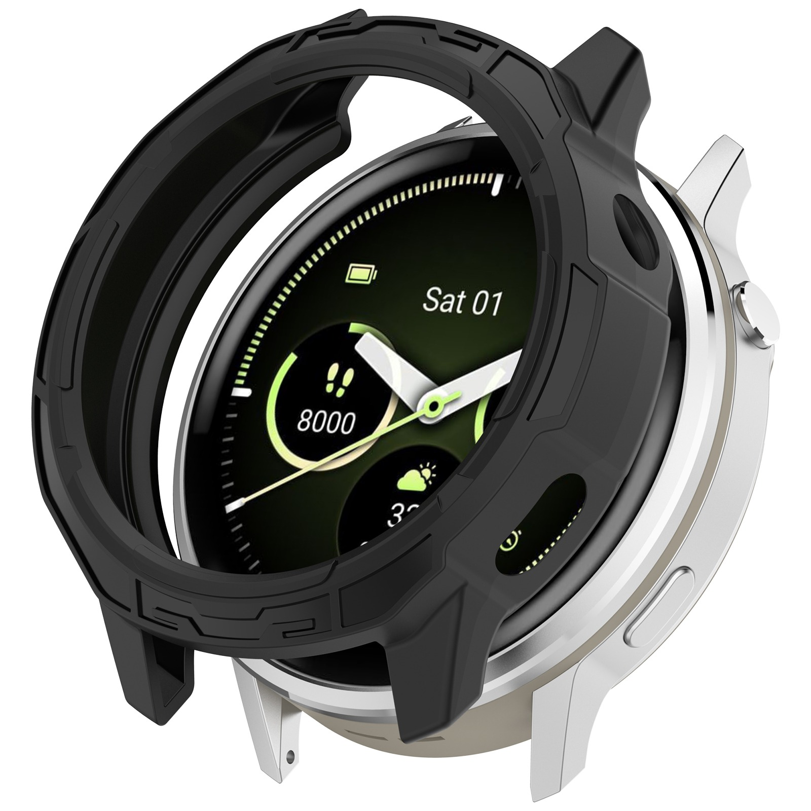 Uno smartwatch con custodia protettiva nera. Il quadrante mostra ora e dati attività.