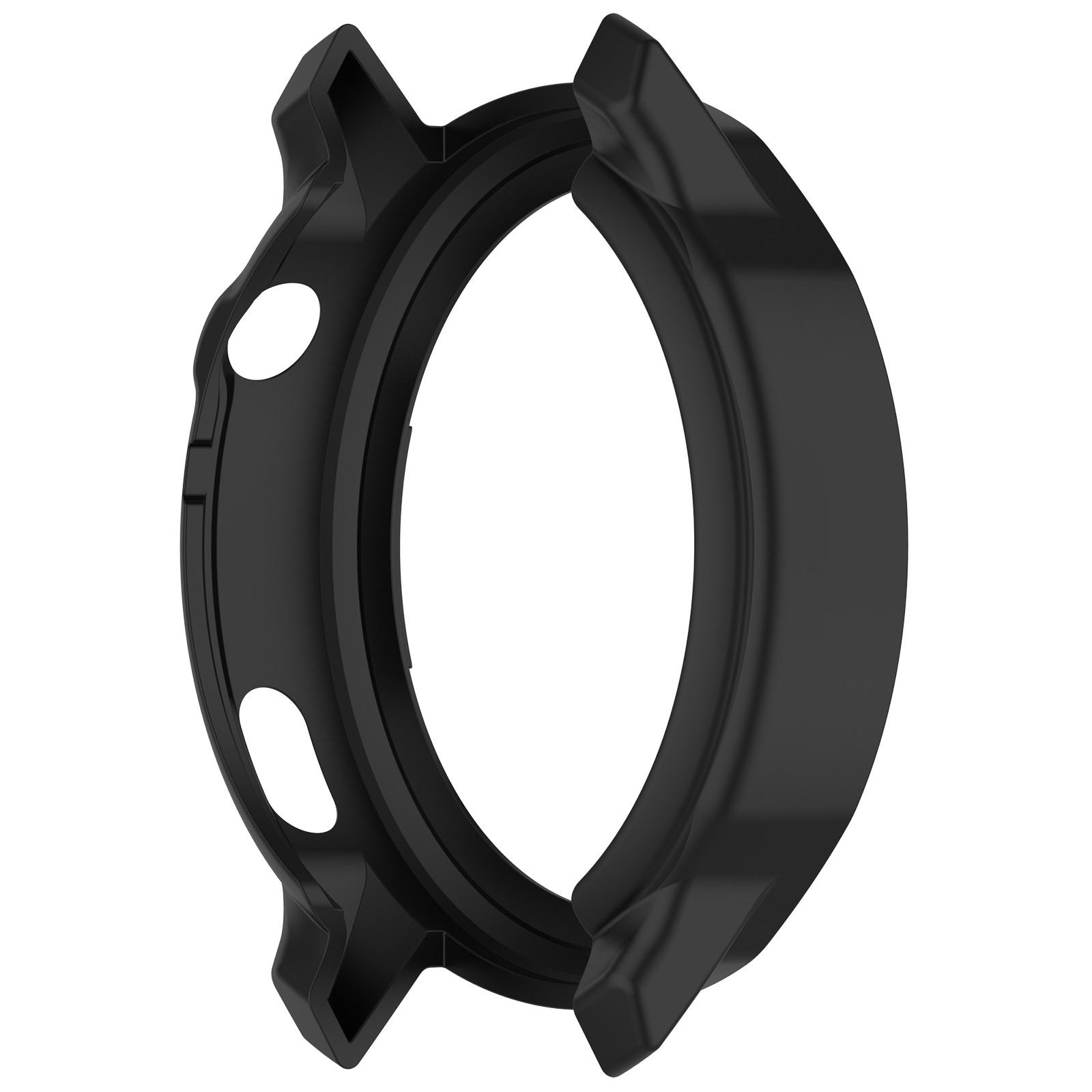 Una lunetta nera per orologio con un design circolare, con due fori e un bordo rialzato. Isolato su sfondo bianco.