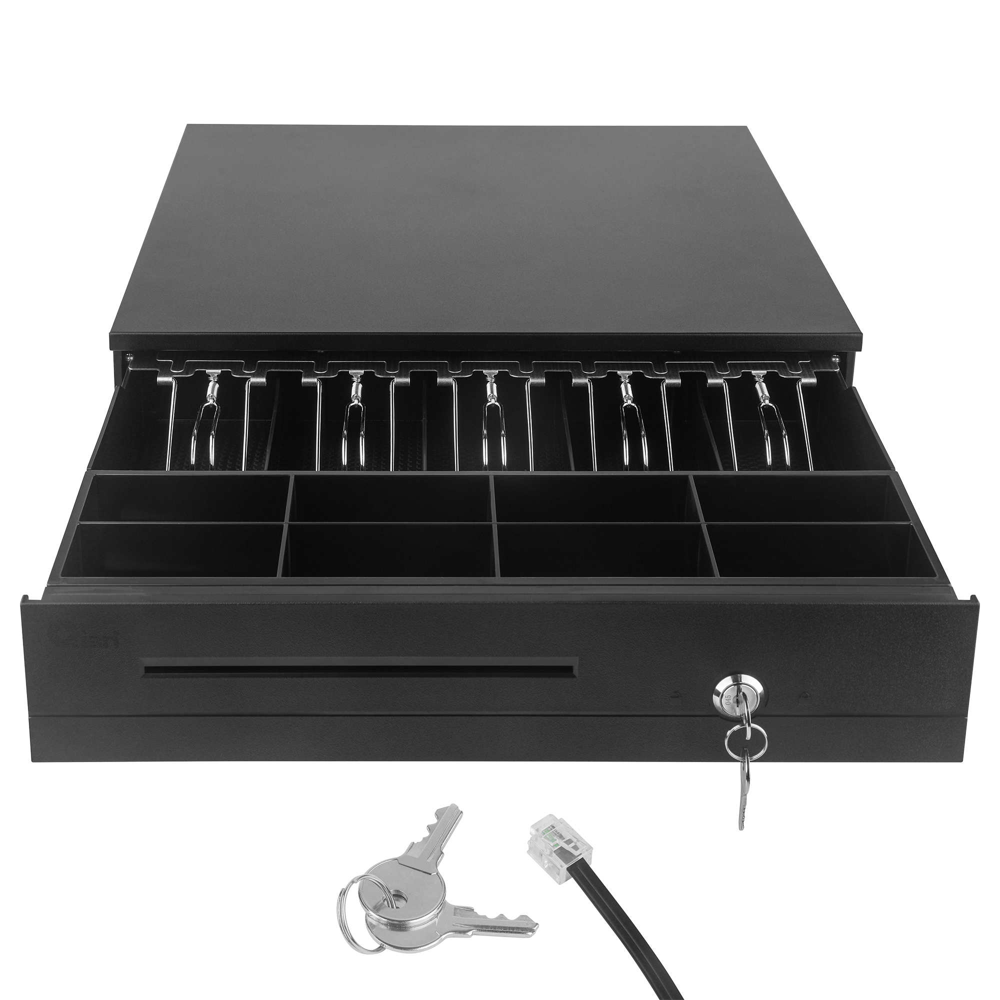 Un cajón de caja registradora negro con compartimentos. Debajo hay dos llaves y un cable de red.