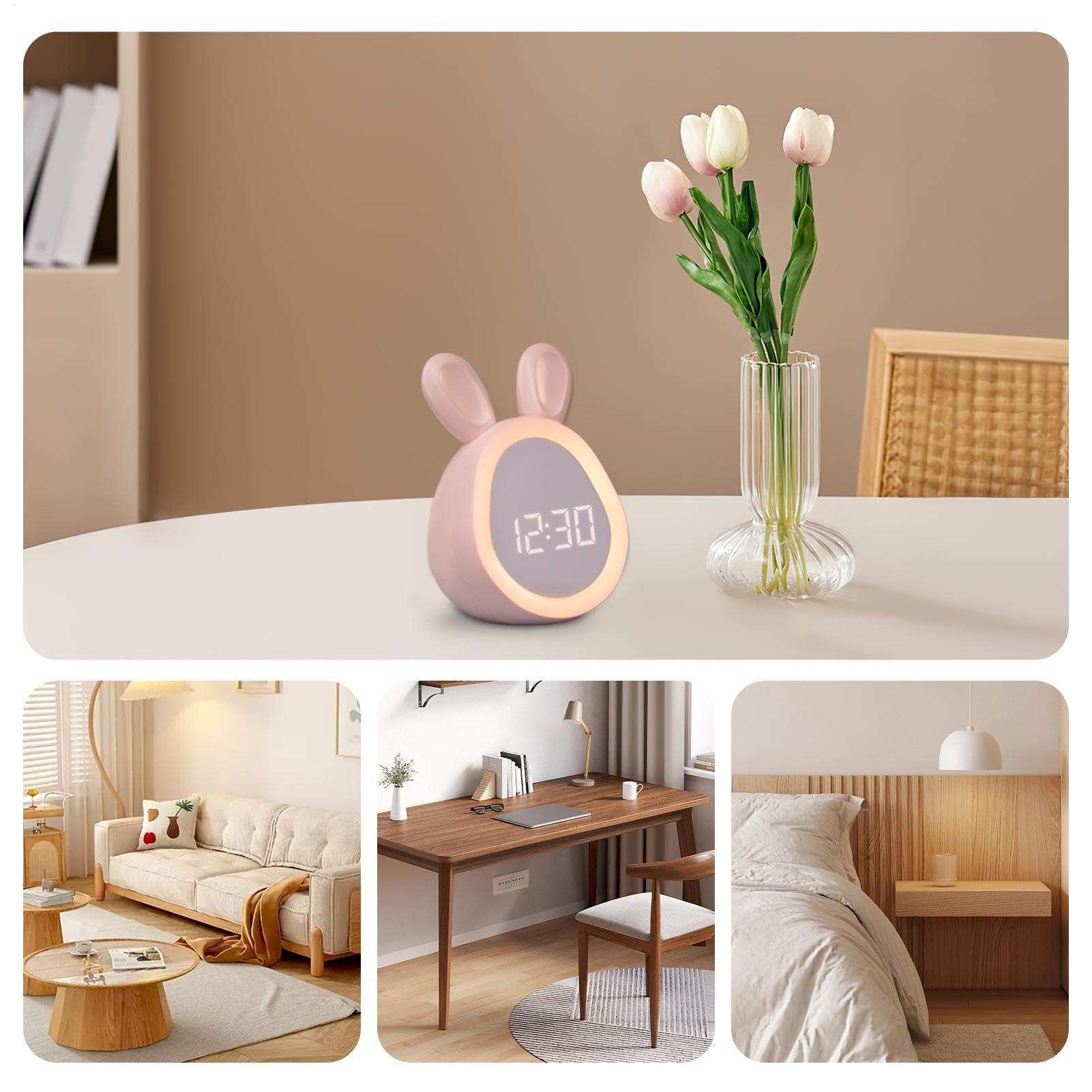 Ein rosa Hasen-Wecker zeigt 12:30 Uhr, mit Tulpen in einer Vase und Wohninterieur-Vignetten darunter.