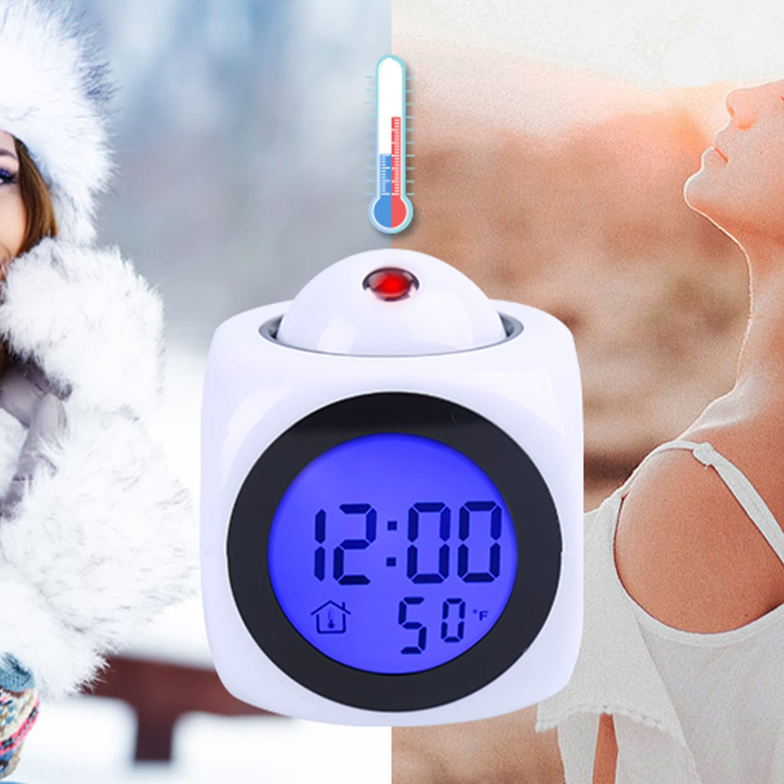 Un orologio digitale bianco mostra le 12:00 e 50 gradi Fahrenheit. Una donna in abbigliamento invernale e un'altra estivo sono visibili.