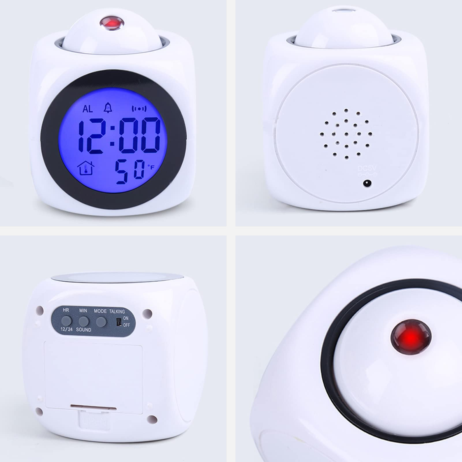Una sveglia a cubo bianca mostra l'ora 12:00 e 50 gradi. Ha una parte superiore rotante e pulsanti sul retro.