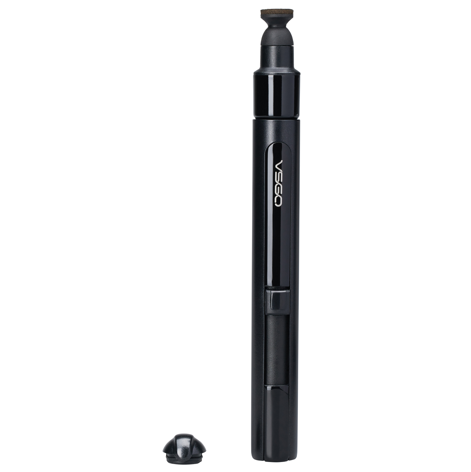 Ein schwarzer VSGO-Objektivstift. Er hat eine abgenommene Kappe. Der Stift hat eine Reinigungsspitze.