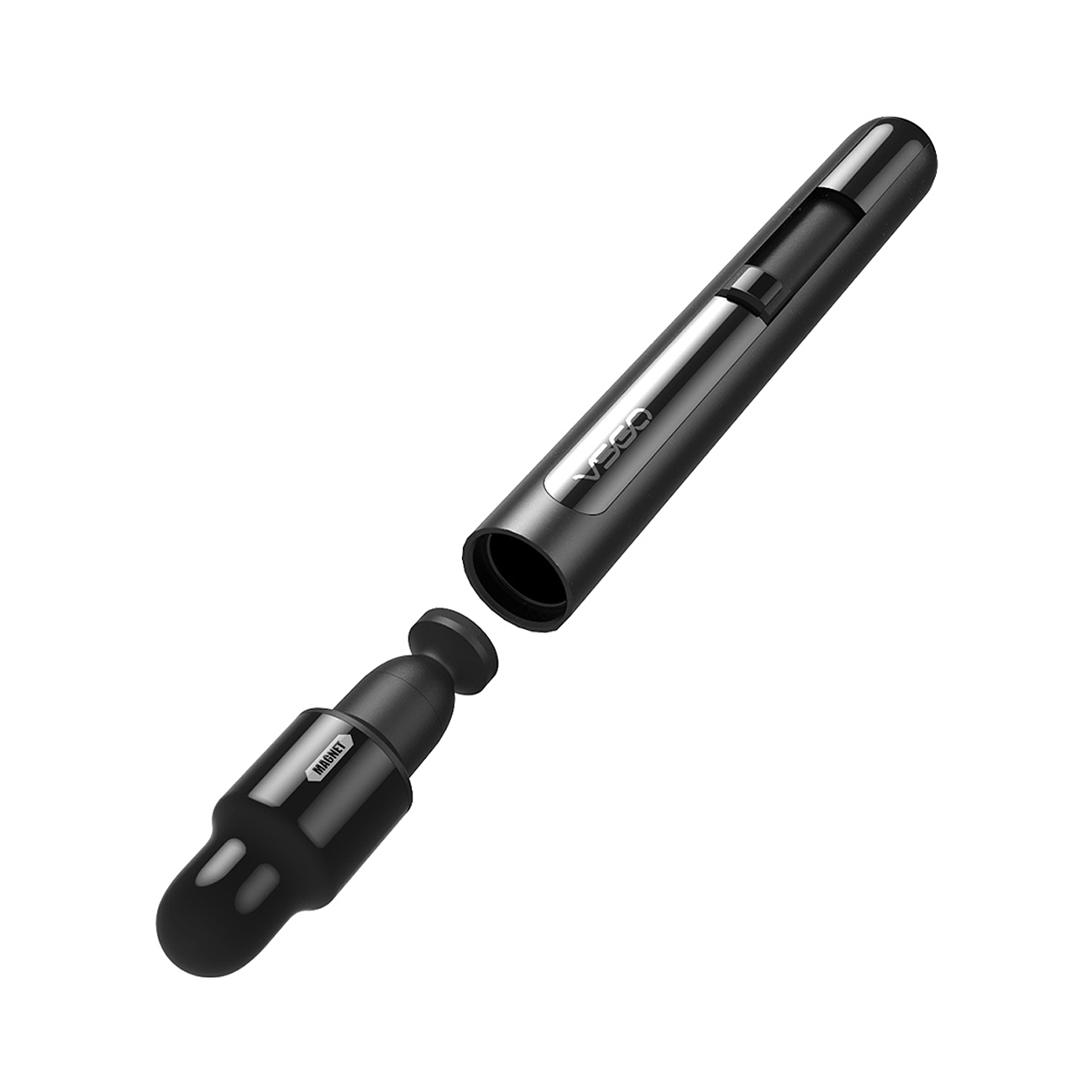 Zerlegter schwarzer VSCO-Vape-Stift mit zylindrischem Körper und separatem Mundstück, wobei die getrennten Teile gezeigt werden.