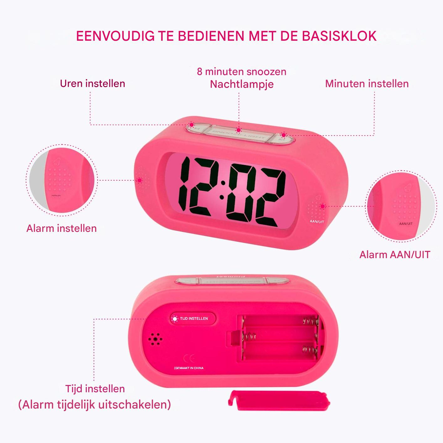 Sveglia digitale rosa che mostra 12:02. Funzionalità: sveglia, snooze, impostazione ora e pulsanti etichettati.