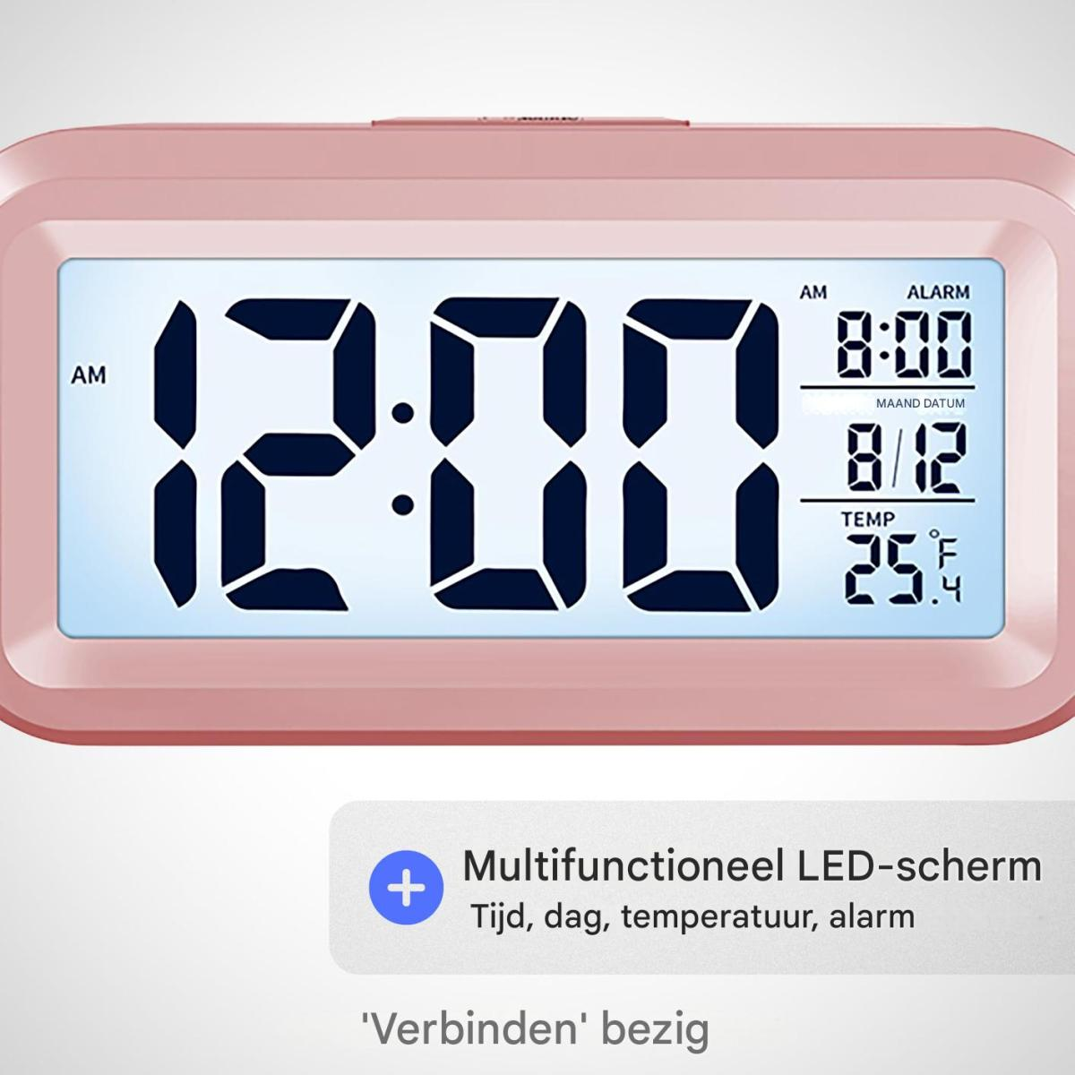 Un orologio digitale rosa mostra le 12:00 AM. Ulteriori informazioni includono l'ora della sveglia, la data e la temperatura.