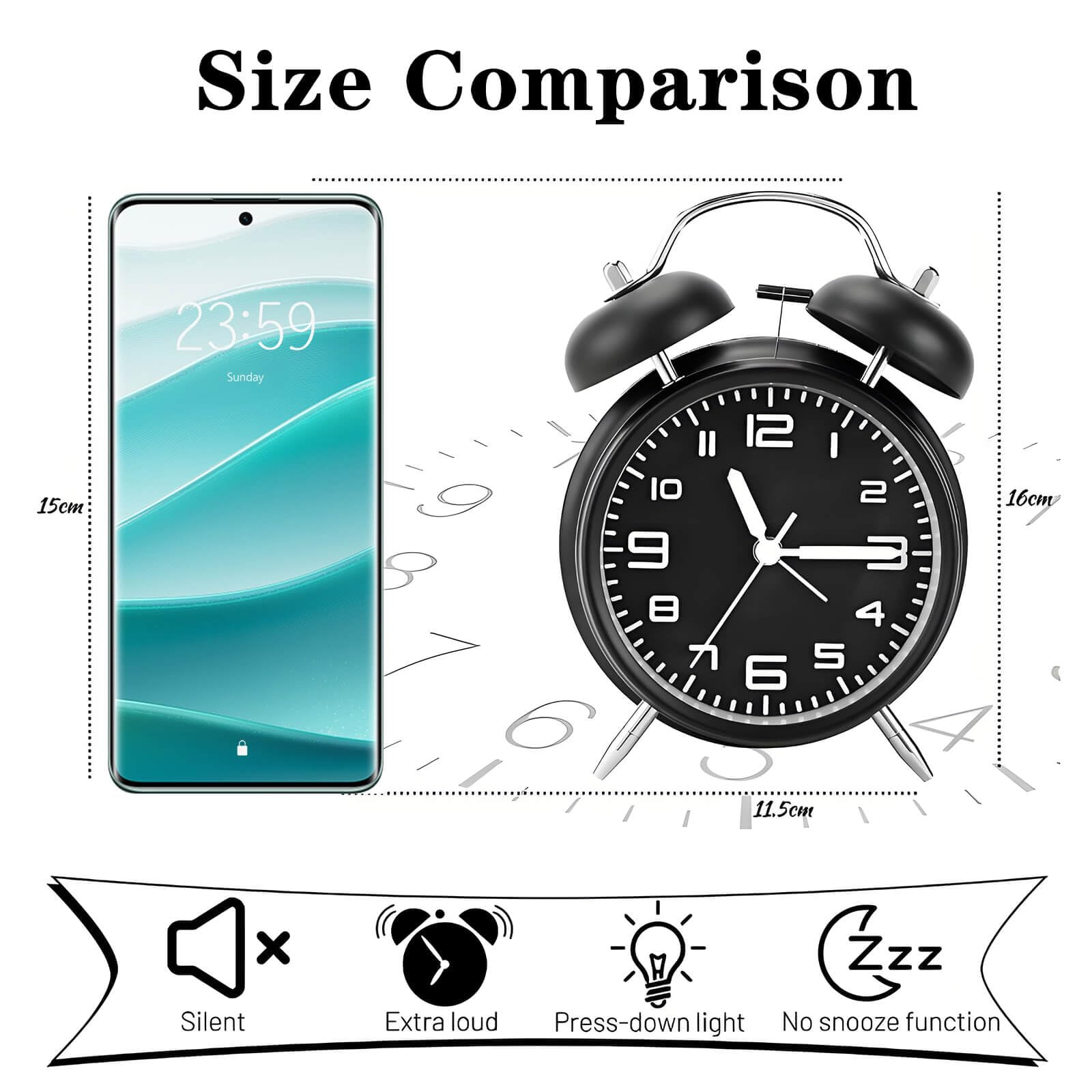 Das Bild vergleicht die Größen von Telefon und Wecker. Telefon zeigt 23:59 Uhr an. Der Wecker ist schwarz mit weißen Zahlen, 11,5 cm breit und 16 cm hoch.