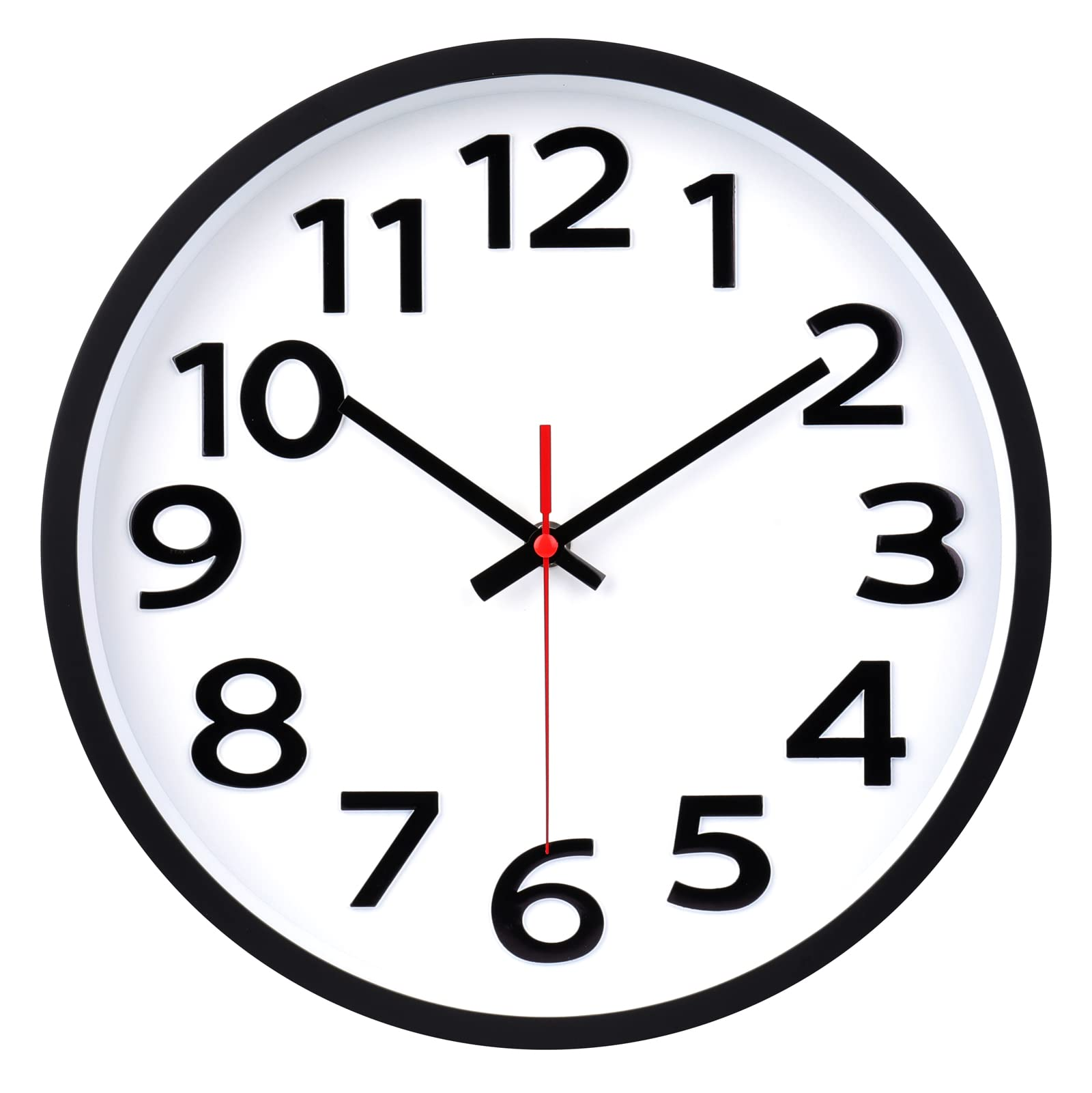 Eine runde Uhr mit schwarzem Rahmen. Die Zeiger sind schwarz, der Sekundenzeiger ist rot. Die Uhrzeit ist 10:10.
