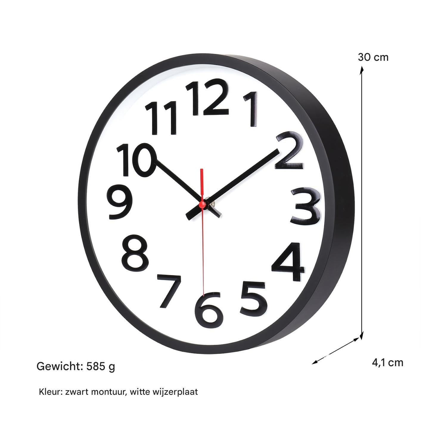 Eine runde schwarze Uhr mit weißem Zifferblatt. Es zeigt, dass es fast 10:10 Uhr ist. Die Uhr hat einen schwarzen Rahmen und ein weißes Zifferblatt.