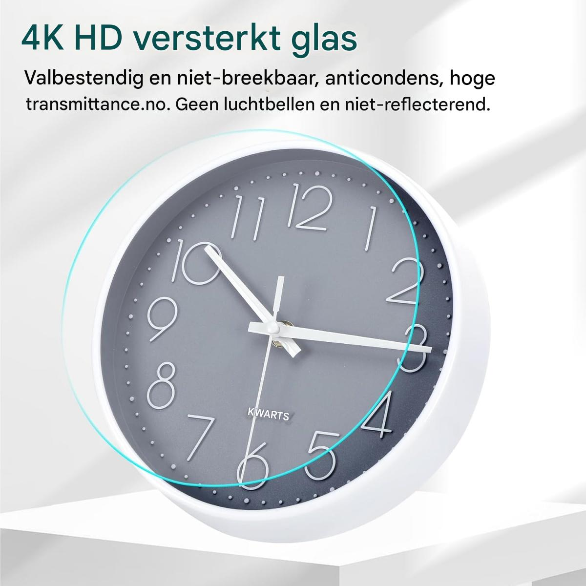 Eine weiß umrahmte Uhr mit grauem Zifferblatt. Weiße Zeiger zeigen auf die Zahlen. Die Uhr befindet sich hinter einem transparenten Kreis.