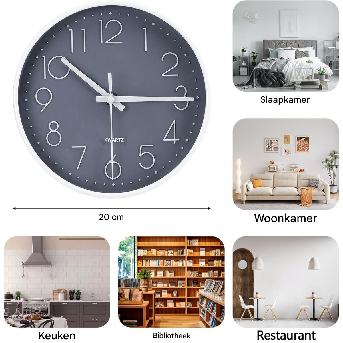 Eine graue Wanduhr mit weißen Zeigern und Zahlen, umgeben von Bildern eines Schlafzimmers, Wohnzimmers, einer Küche, einer Bibliothek und eines Restaurants.