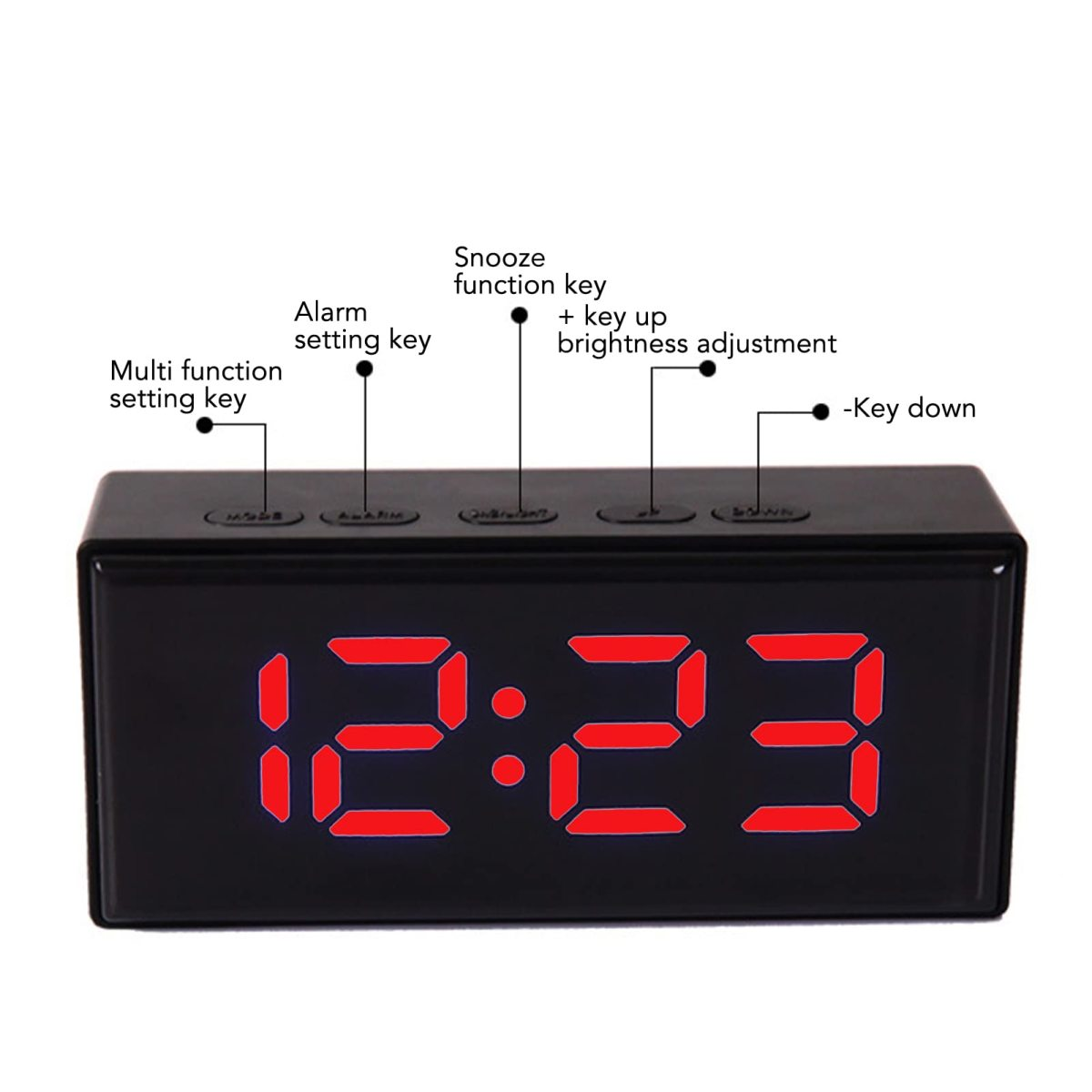 Un orologio digitale nero visualizza le 12:23 in rosso. I pulsanti in alto sono etichettati: modalità, allarme, snooze, luminosità e tasto giù.