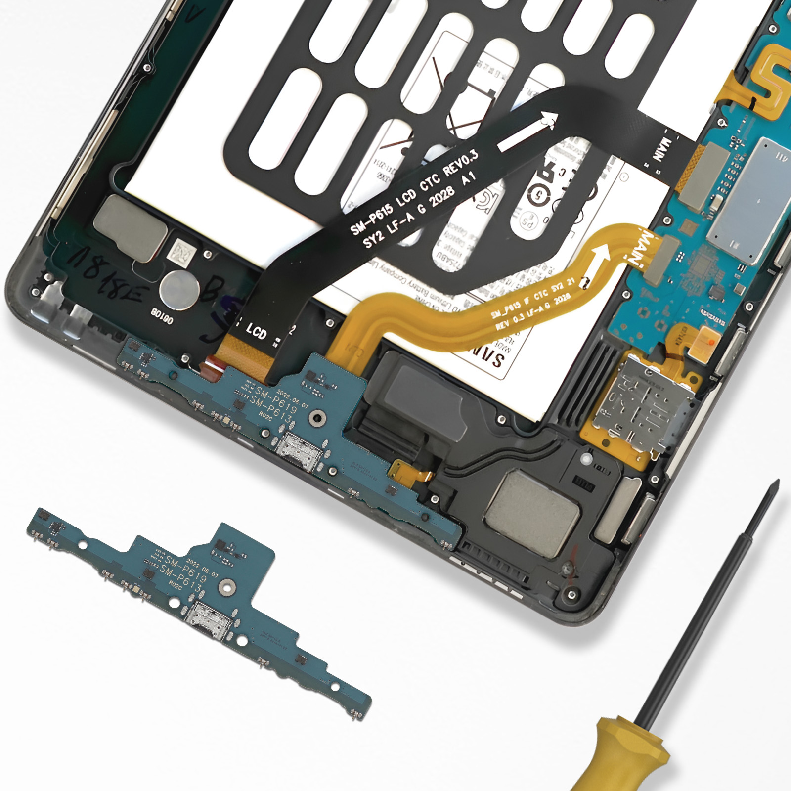 Zerlegtes Tablet mit Innenkomponenten wie Motherboard, Akku und LCD-Bildschirm sowie einem Schraubendreher.