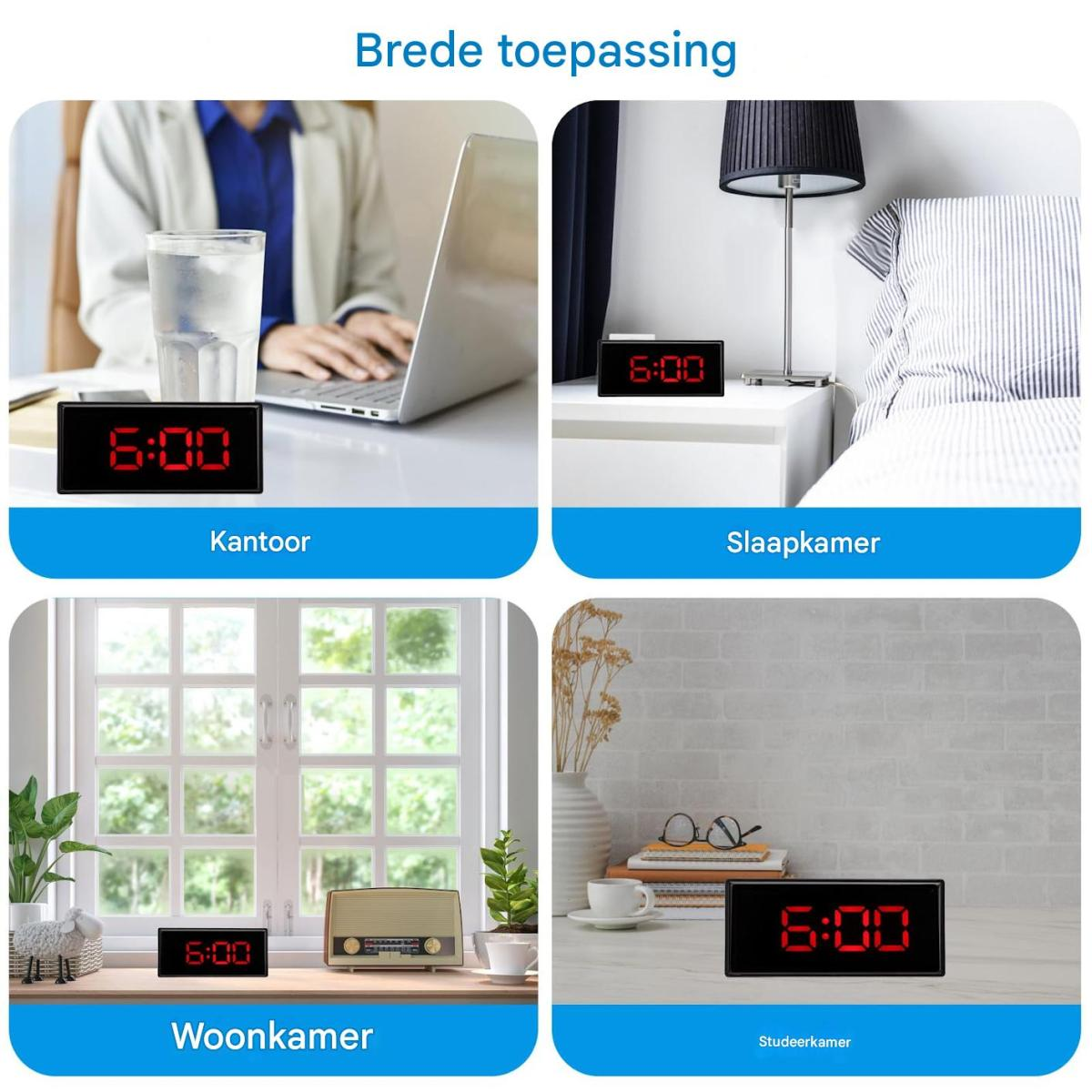 Quattro scene mostrano un orologio digitale che indica le 6:00 in un ufficio, una camera da letto, un soggiorno e uno studio. Ogni scena ha uno sfondo diverso.