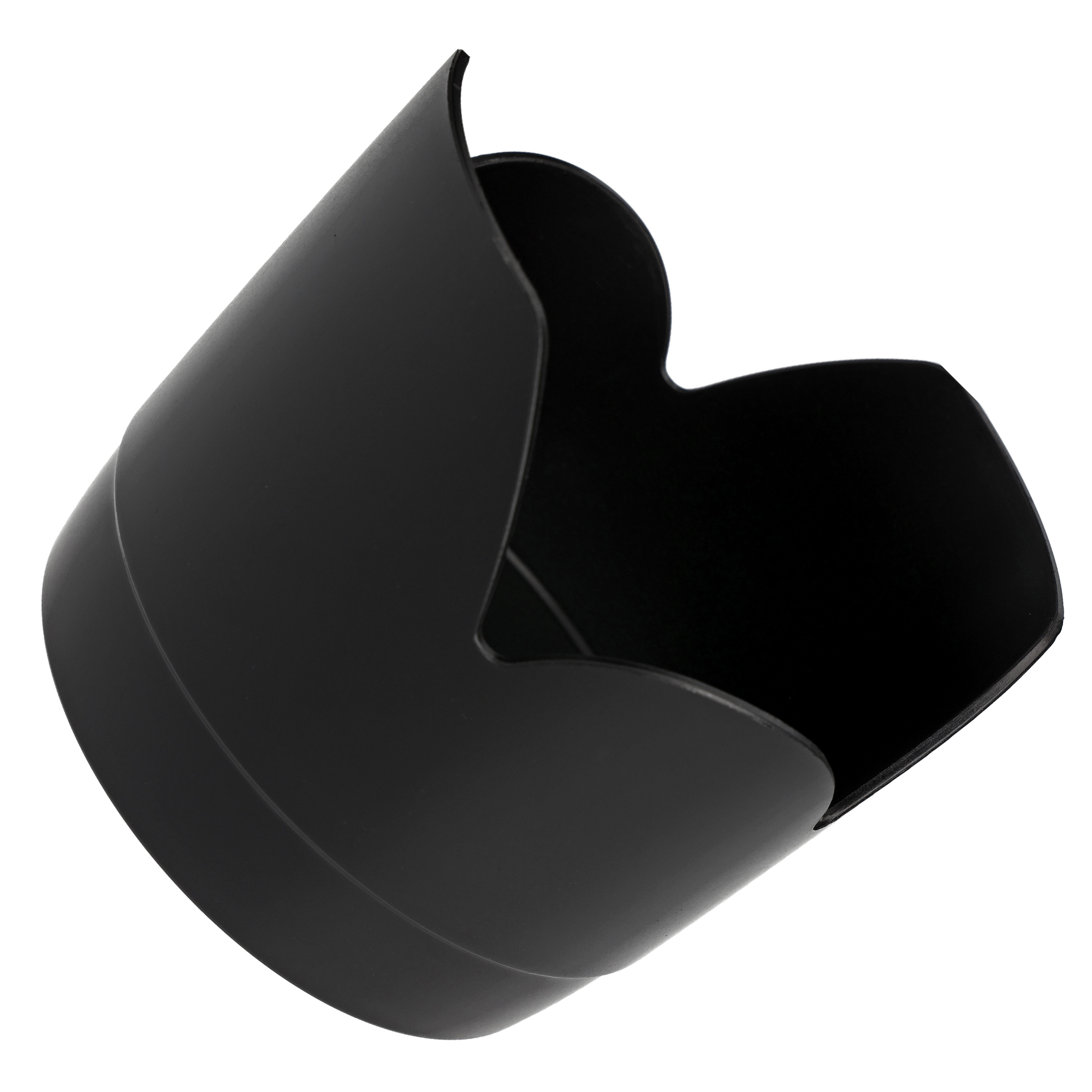 Schwarze Sonnenblende, isoliert auf weißem Hintergrund. Die Blende hat eine gebogene Form und ein mattes Finish.