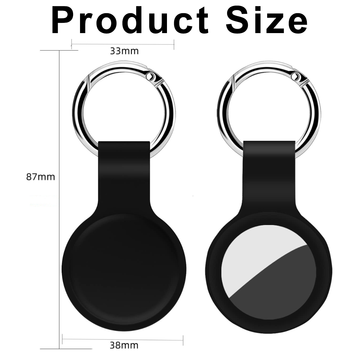 Zwei schwarze Schlüsselanhänger mit silbernen Ringen. Maße: 87 mm Höhe, 38 mm und 33 mm Breite. Ein Schlüsselanhänger hat einen weißen und schwarzen Kreis.