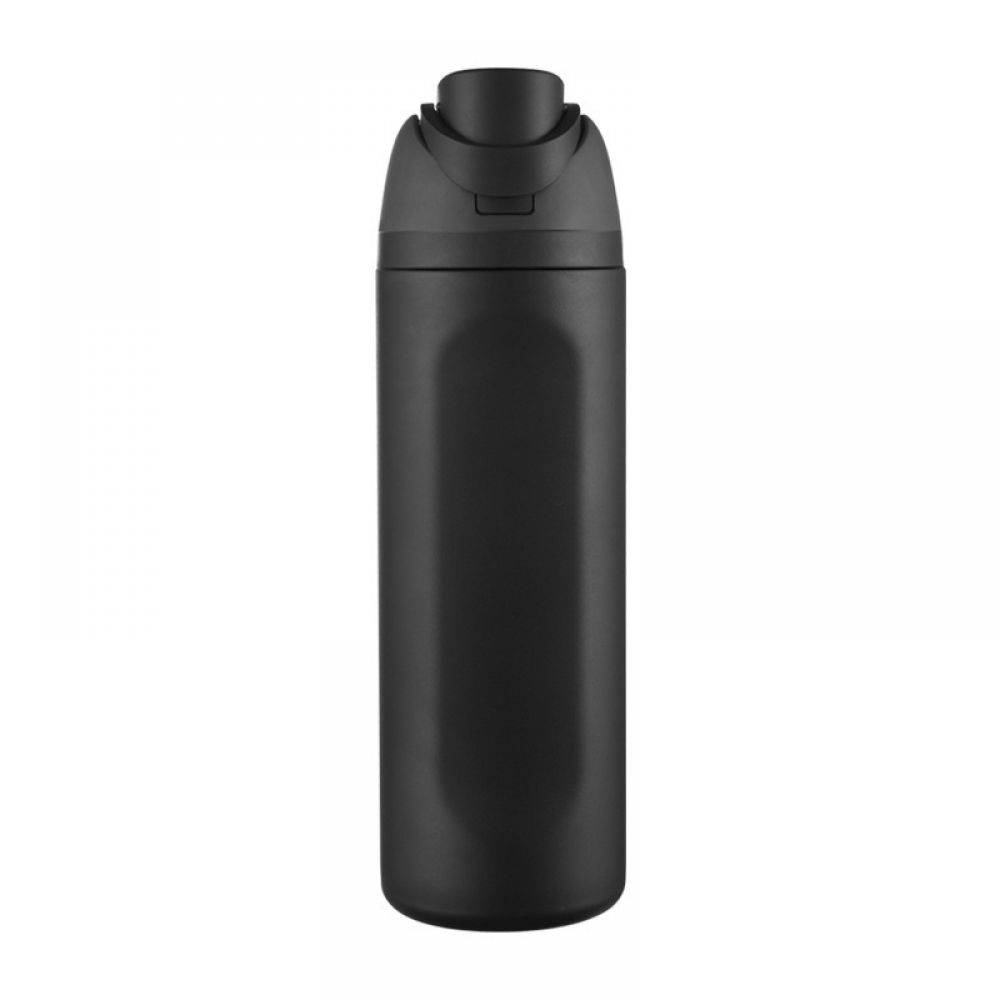 Eine schwarze isolierte Wasserflasche. Sie hat eine abgerundete Oberseite mit einem Klappdeckel und einen schlanken, zylindrischen Körper.