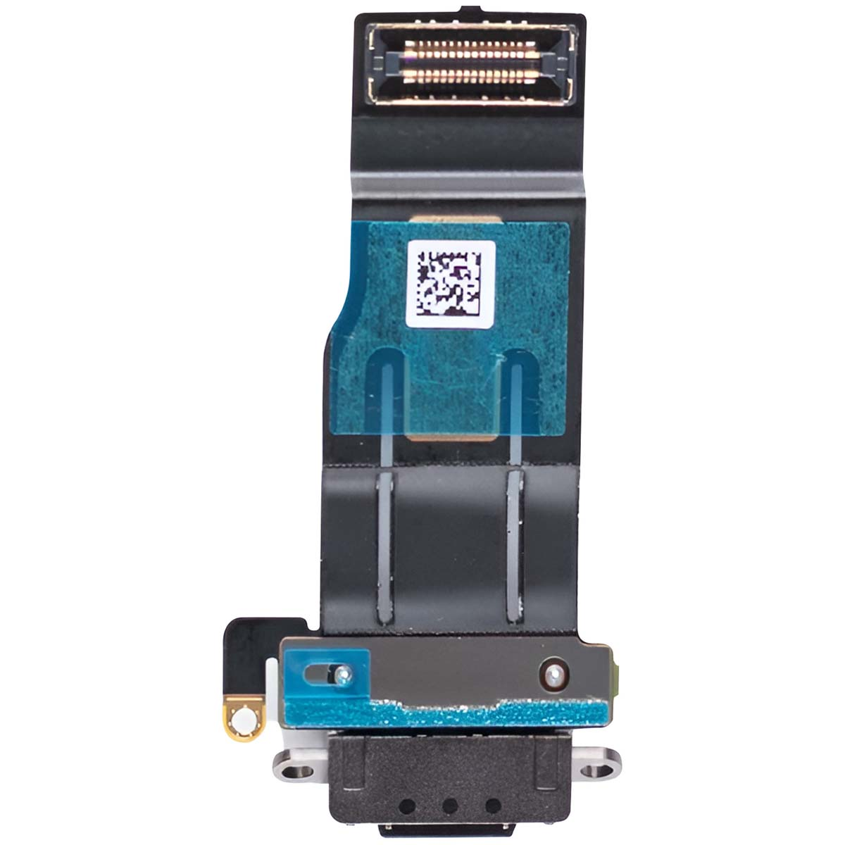 Nahaufnahme einer schwarzen und blauen elektronischen Komponente mit Barcode, Stecker und Metallelementen.
