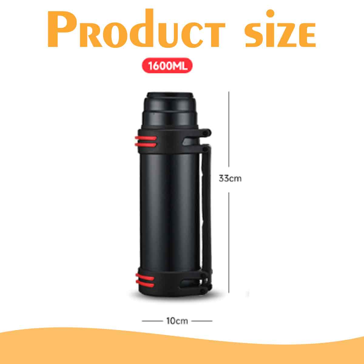 Eine schwarze Thermoskanne mit roten Akzenten, beschriftet mit 1600ML. Abmessungen: 33 cm hoch, 10 cm breit. Text oben lautet 'Produktgröße'.
