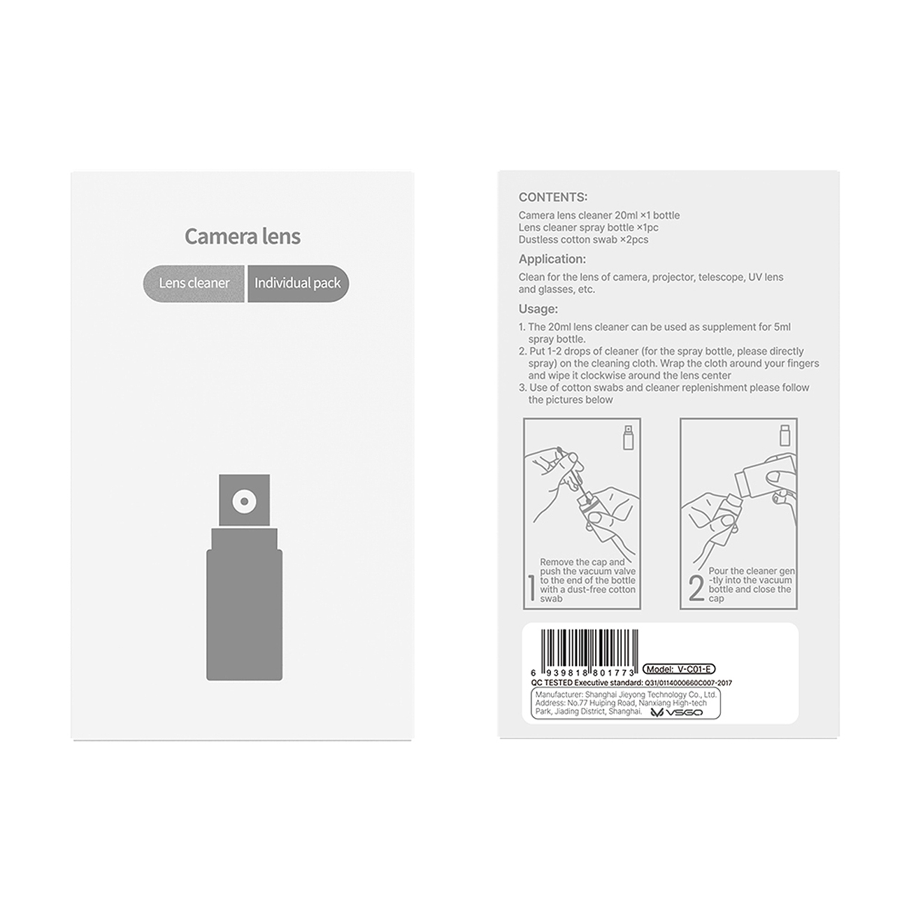 Produktverpackung mit Text und Illustrationen, darunter ein Kameralinsenreiniger und Anweisungen.