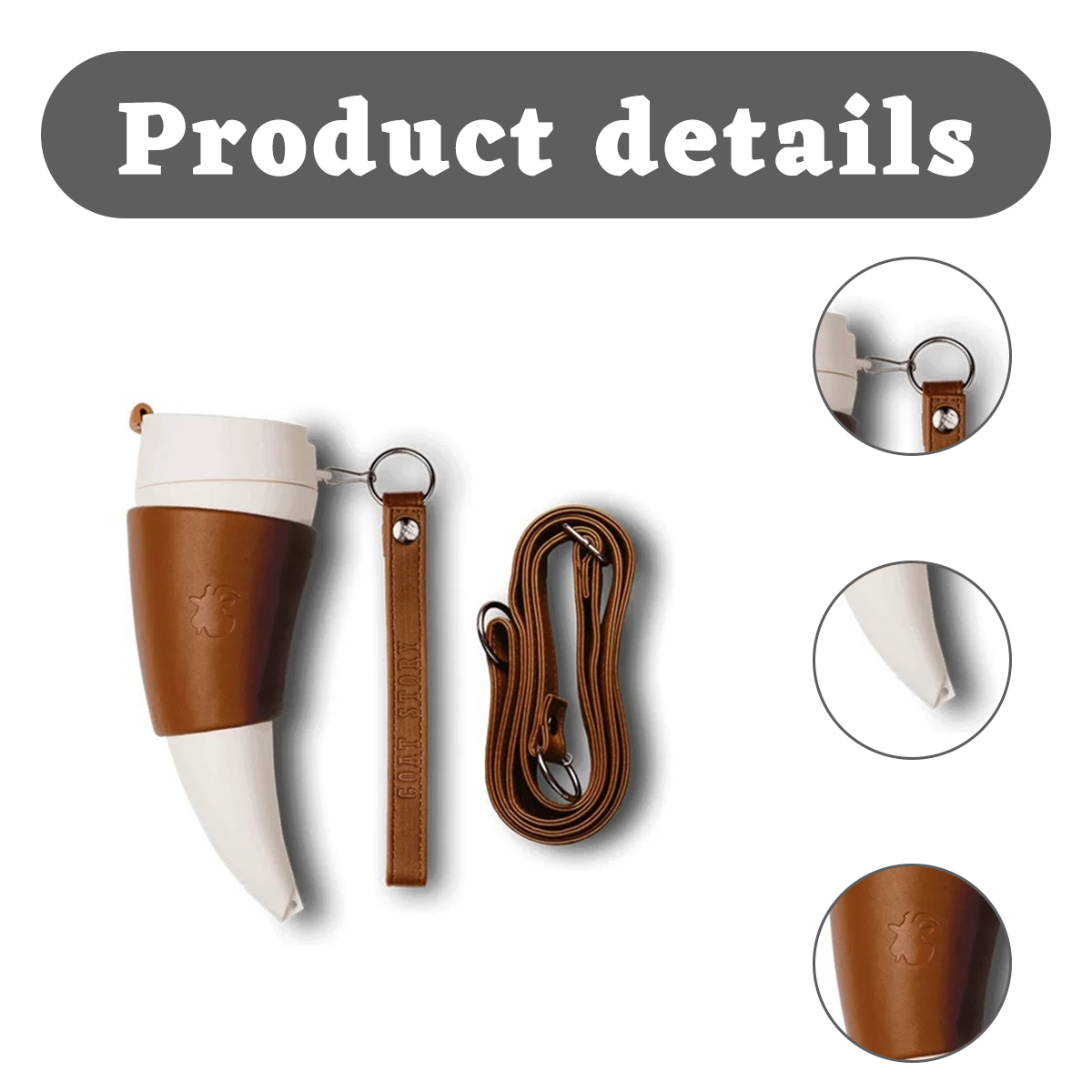 Produktdetails mit einem weißen und braunen Ziegenhorn-Becher, einem Lederriemen und einem Schulterriemen.