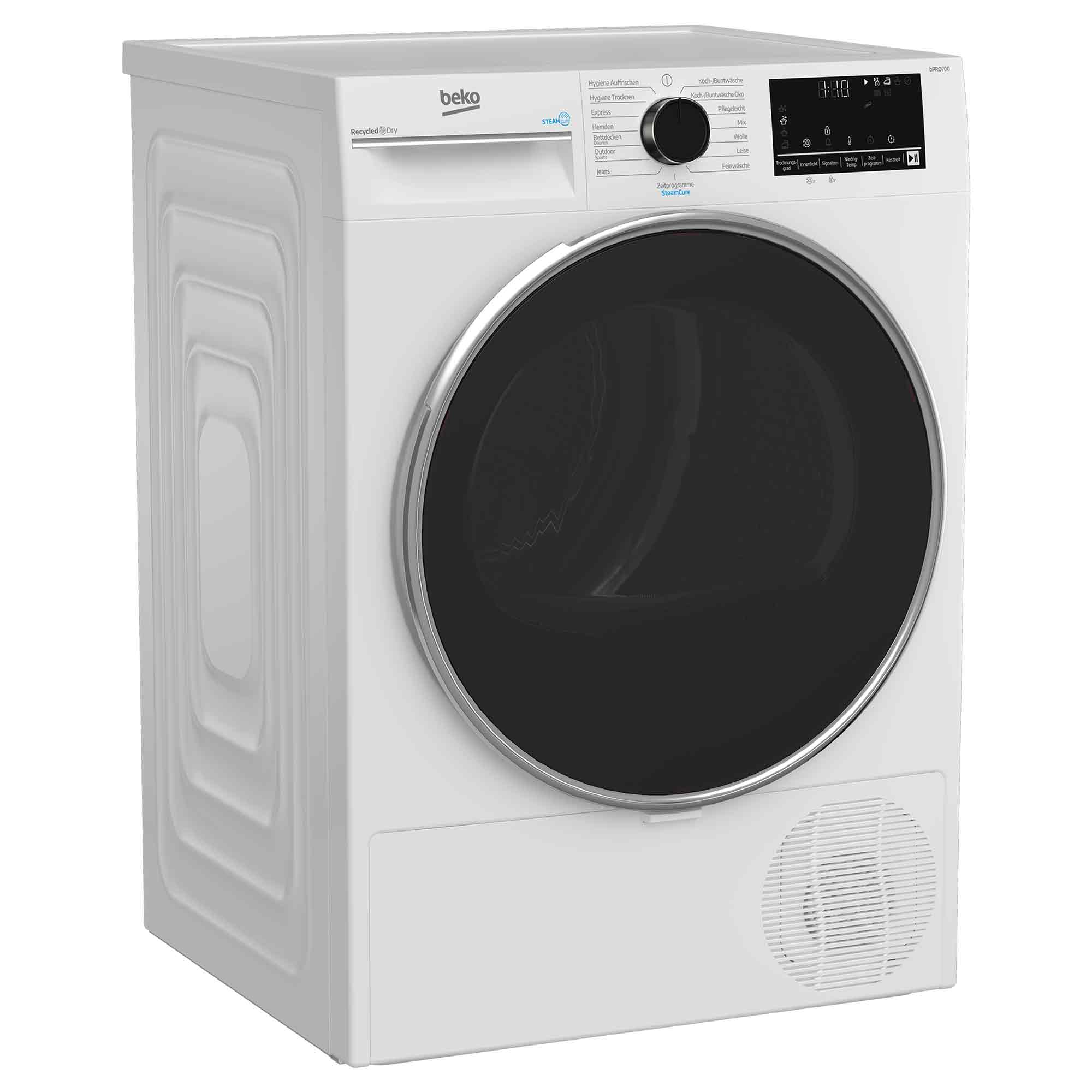 Ein weißer Beko-Trockner mit schwarzer Tür und Bedienfeld. Er hat verschiedene Programmoptionen und eine Digitalanzeige.