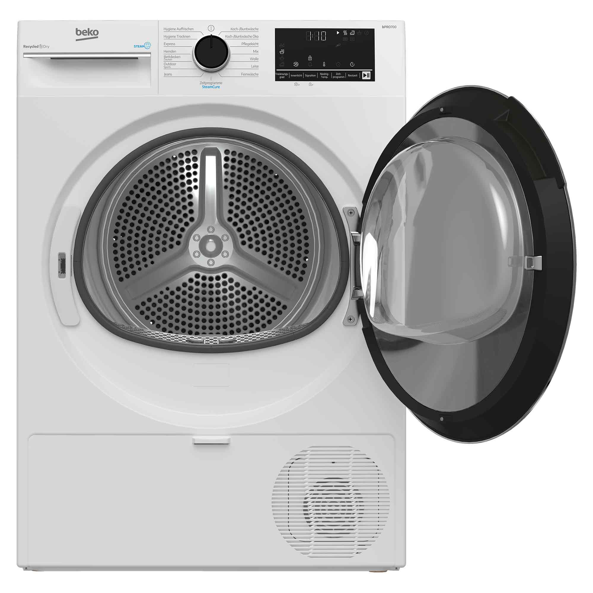 Weißer Beko-Trockner mit offener Tür. Bedienfeld oben, Trommel sichtbar. Weißes Äußeres, schwarze Akzente.