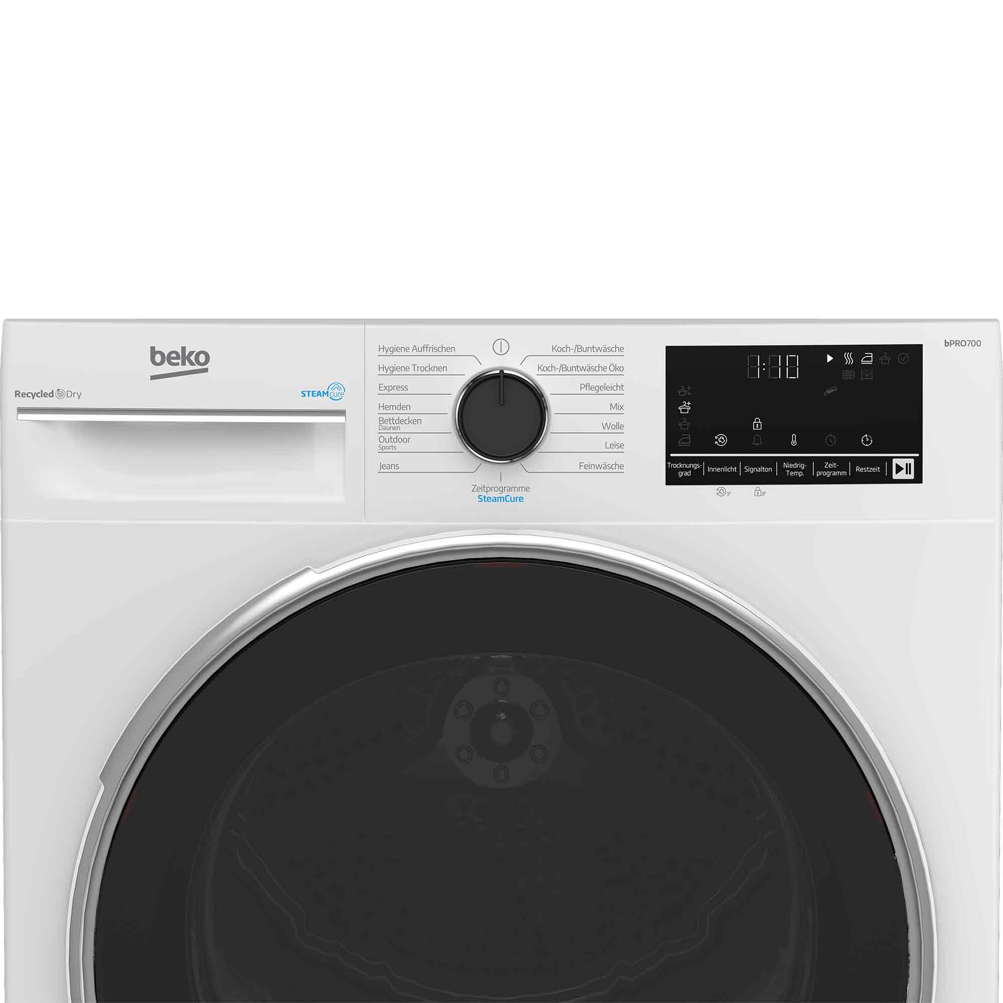 Ein weißer Beko-Trockner mit schwarzer Tür. Er hat ein Bedienfeld mit Einstellungen und ein digitales Display.