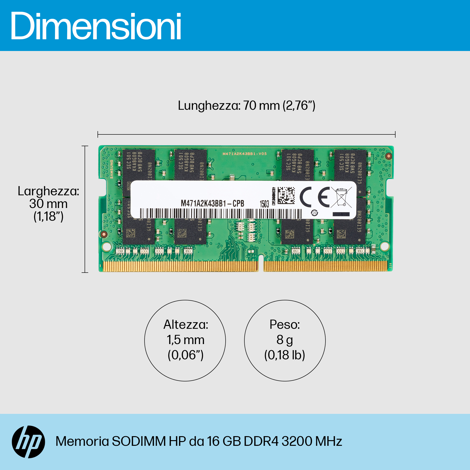 Un modulo RAM verde con chip neri, vengono mostrati i dettagli delle dimensioni e del peso. Logo HP in basso.