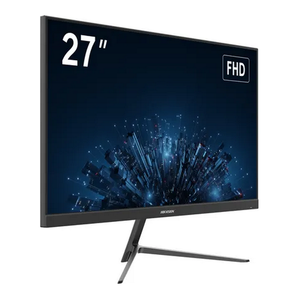 Un monitor per computer da 27 pollici con uno schermo blu scuro che mostra una città astratta. Ha una cornice e un supporto neri e testo bianco.