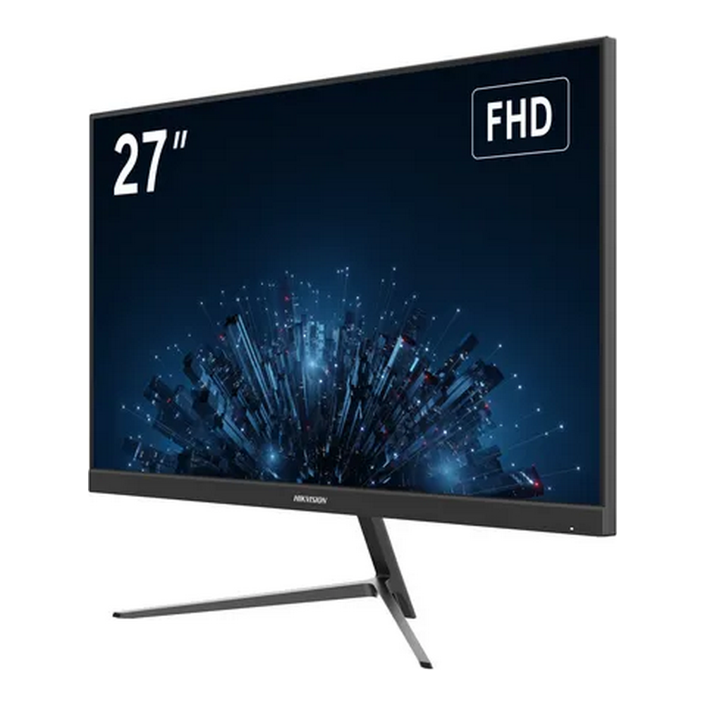 Un monitor da 27 pollici con risoluzione FHD. Lo schermo mostra una grafica astratta blu. Il monitor ha una cornice nera e un supporto argentato.