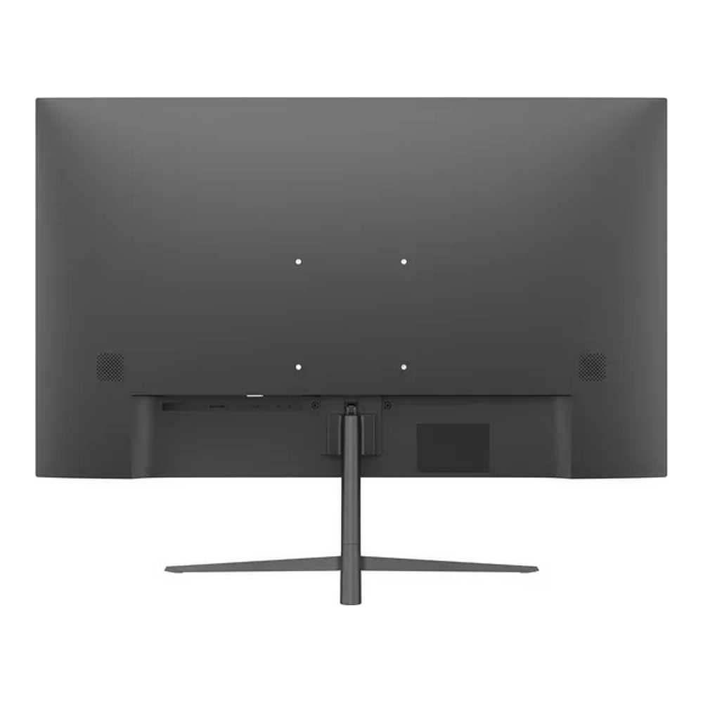 La parte posteriore di un monitor di computer nero. Ha un supporto e porte. Lo schermo ha griglie per altoparlanti e fori di montaggio.