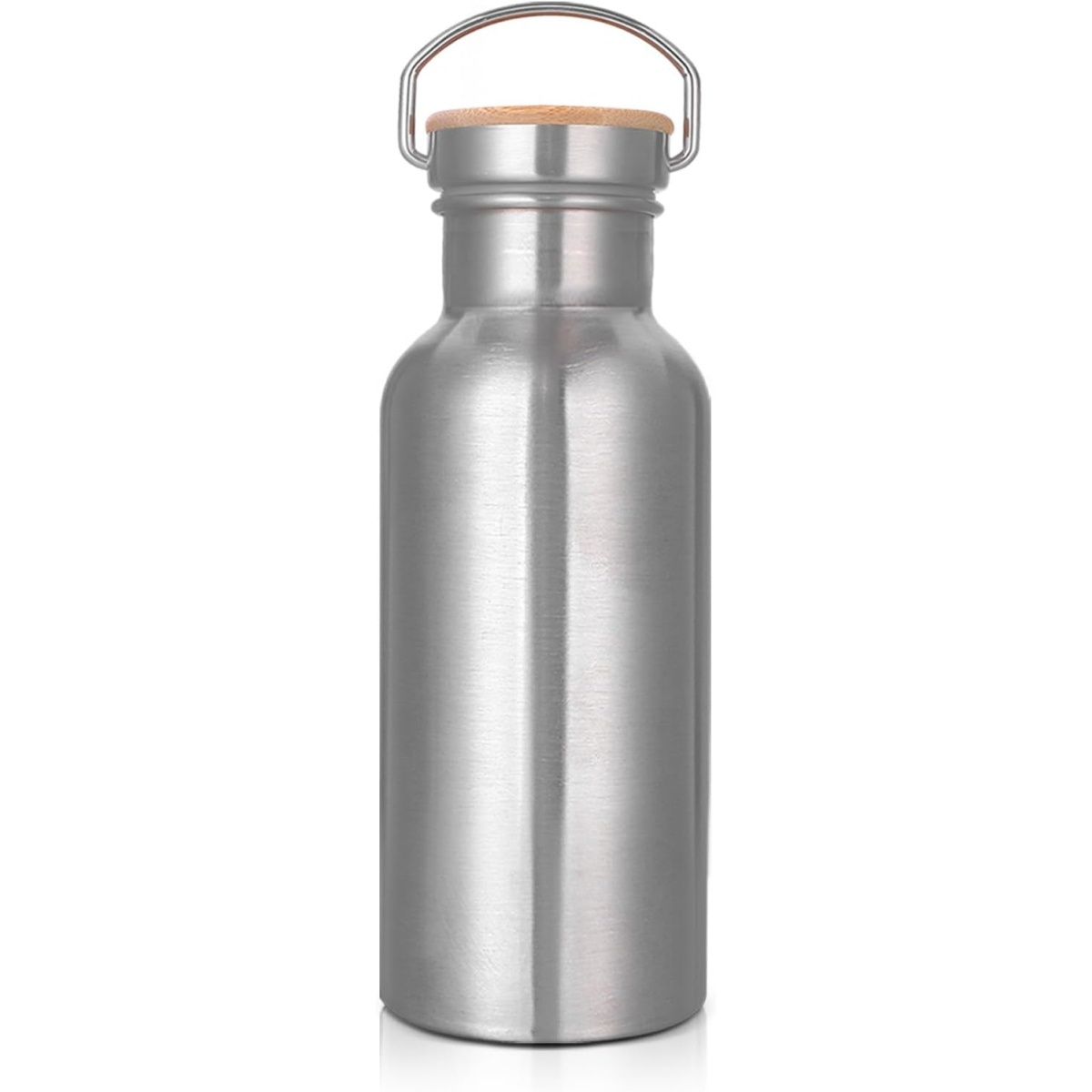 Eine metallische, zylindrische Wasserflasche mit Holzdeckel und Metallgriff. Die Flasche hat eine silberne Oberfläche und steht aufrecht.